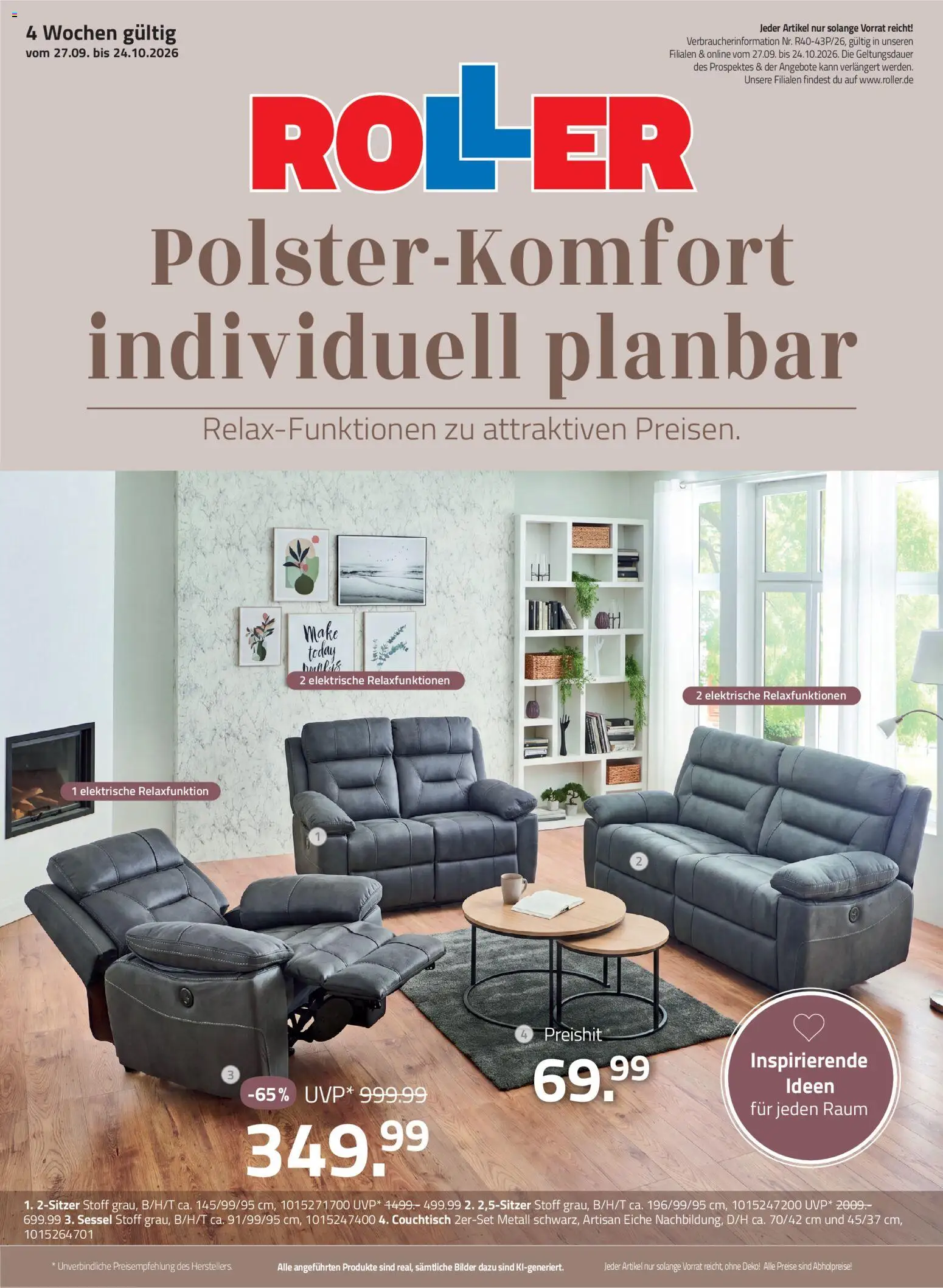 Roller Wohnzimmerprospekt – gültig ab 27.09.2026 | Seite: 1 | Produkte: Sessel, Couchtisch, Bilder
