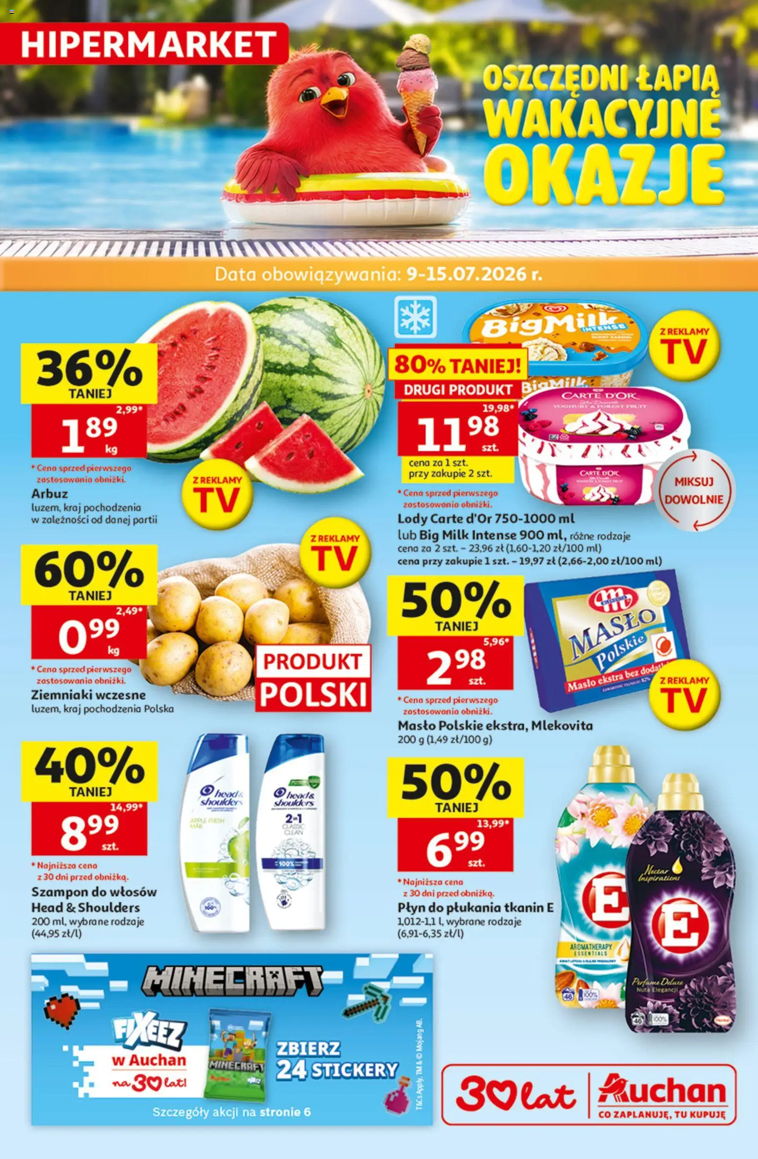Auchan gazetka - 30 Lat Hipermarket od 09.07.2026 | Strona: 1 | Produkty: Arbuz, Masło Polskie, Masło, Ziemniaki