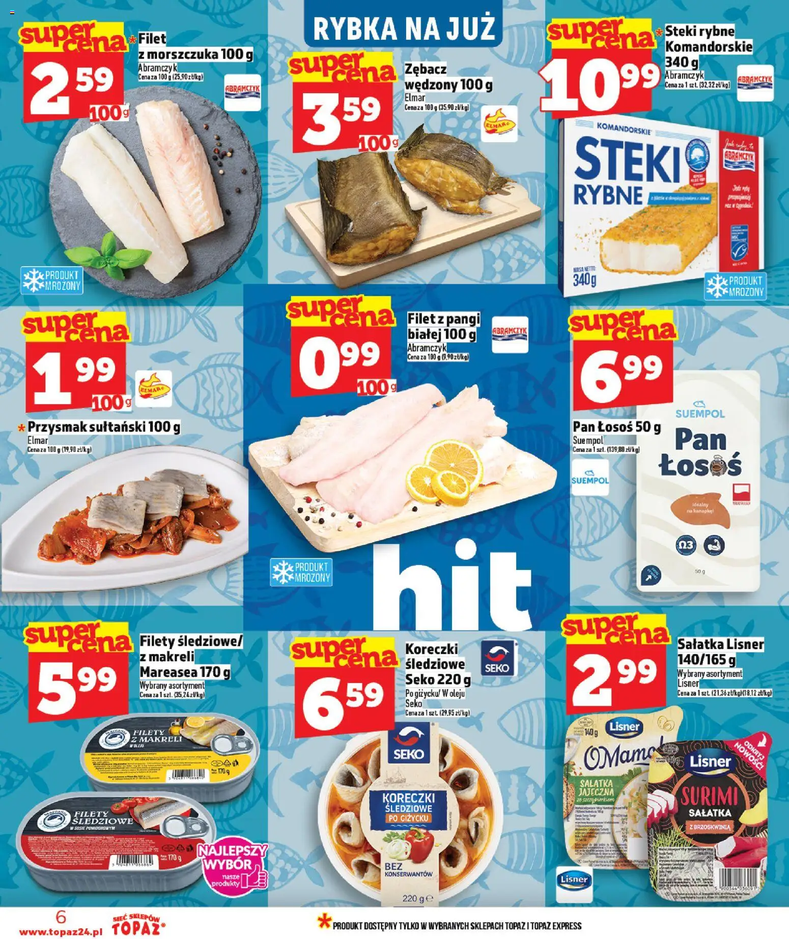 Topaz gazetka od 12.03.2026 | Strona: 6 | Produkty: Brzoskwinia, Steki, Łosoś, Sałatka