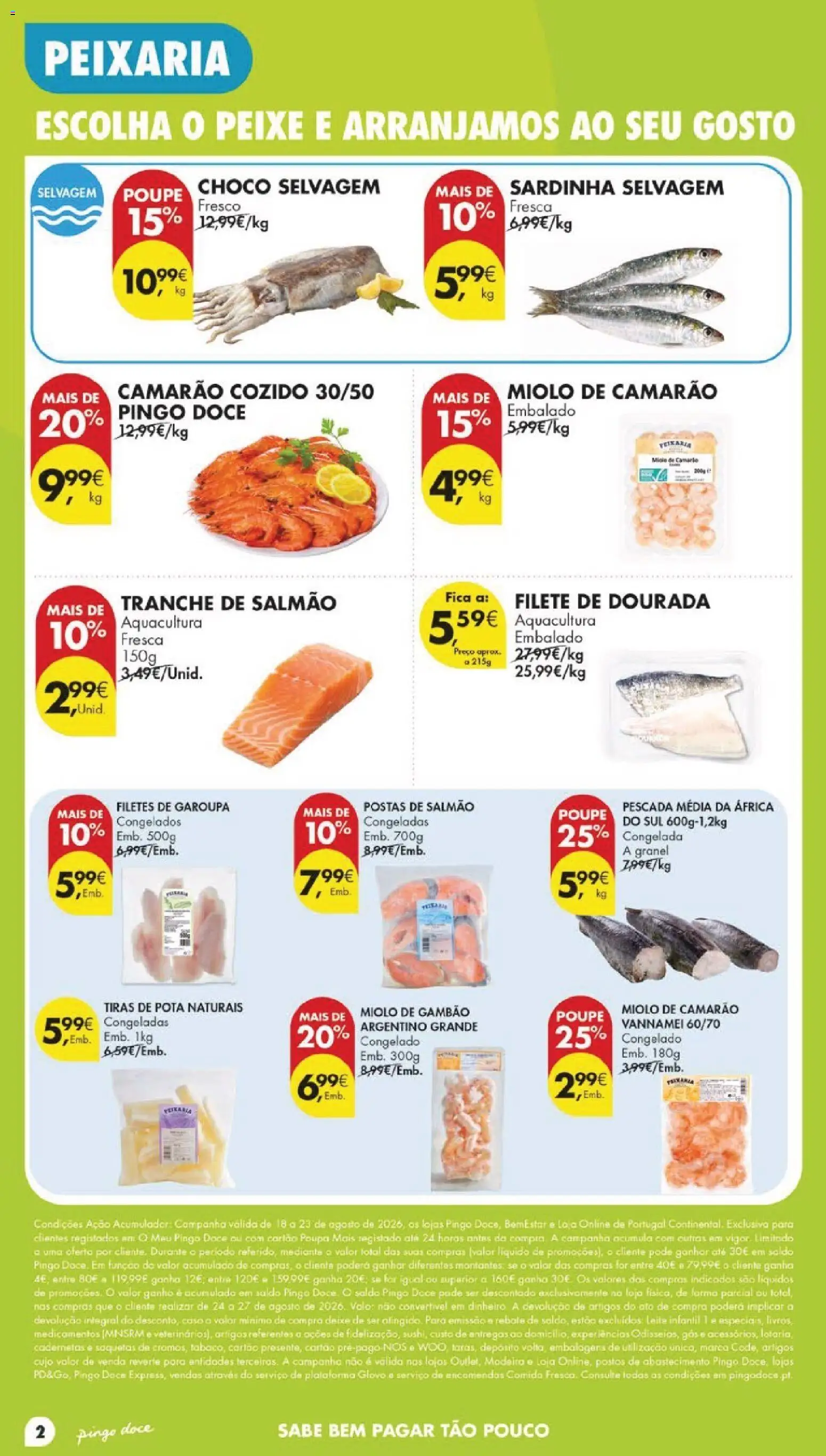 Pingo Doce folheto │ válido de 18/08/2026 | Página: 2 | Produtos: Dourada, Camarão, Leite, Saquetas