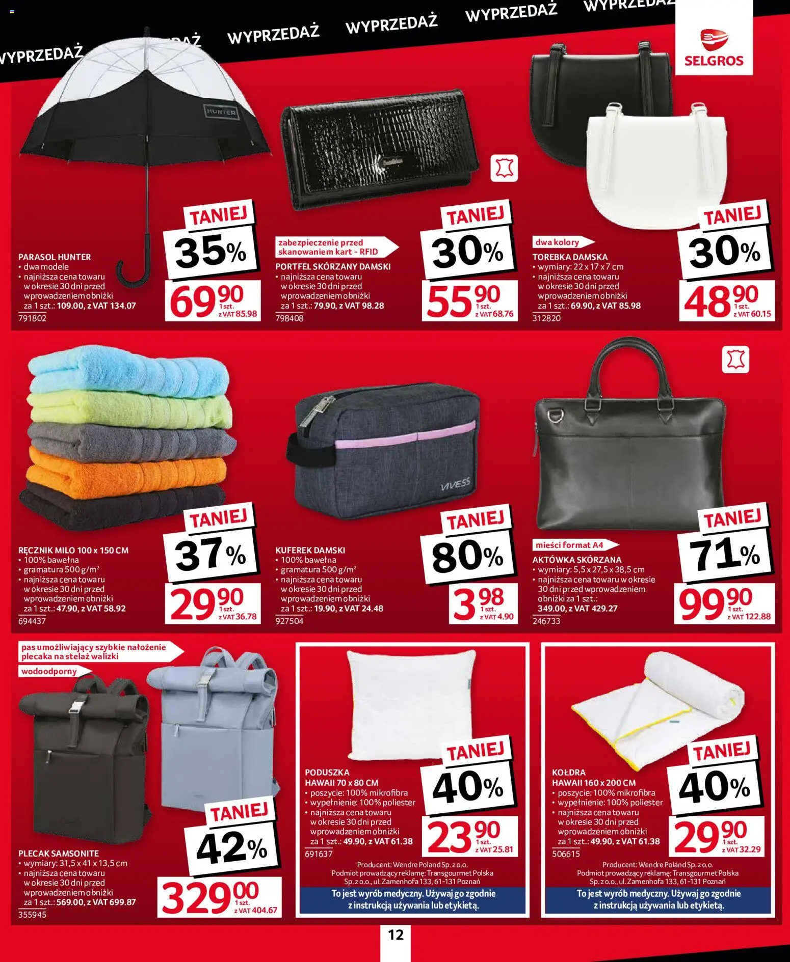 Selgros cash&carry gazetka - Totalna Wyprzedaż od 10.09.2026 | Strona: 12 | Produkty: Torebka, Plecak, Parasol, Kołdra