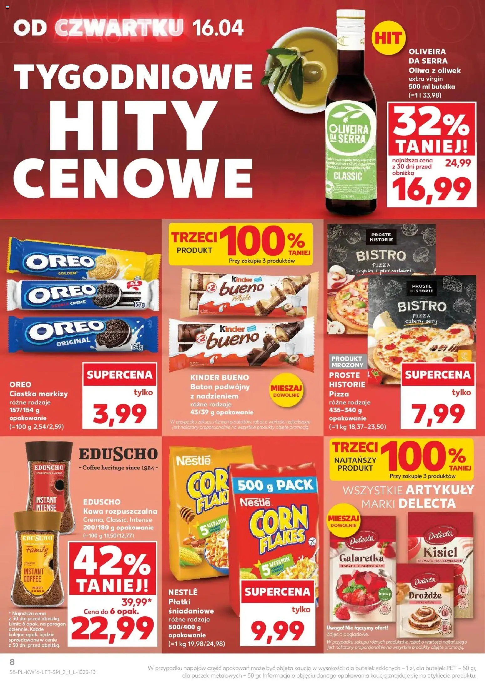 Kaufland gazetka od 16.04.2026 | Strona: 8 | Produkty: Oliwa z oliwek extra virgin, Szynka, Kinder Bueno, Pizza