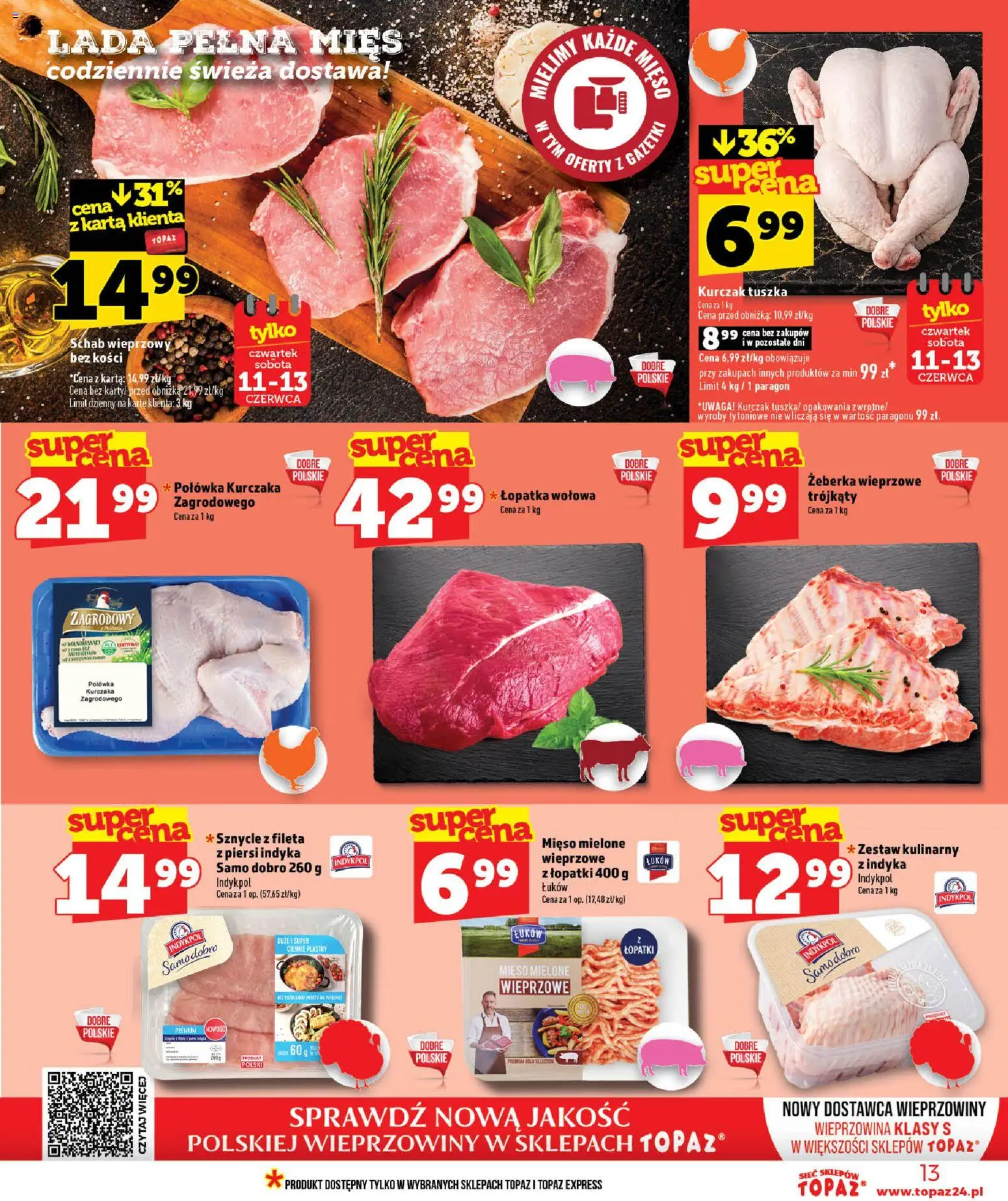 Topaz gazetka - MAZ od 11.06.2026 | Strona: 13 | Produkty: Piersi, Schab wieprzowy, Mięso mielone, Wieprzowina