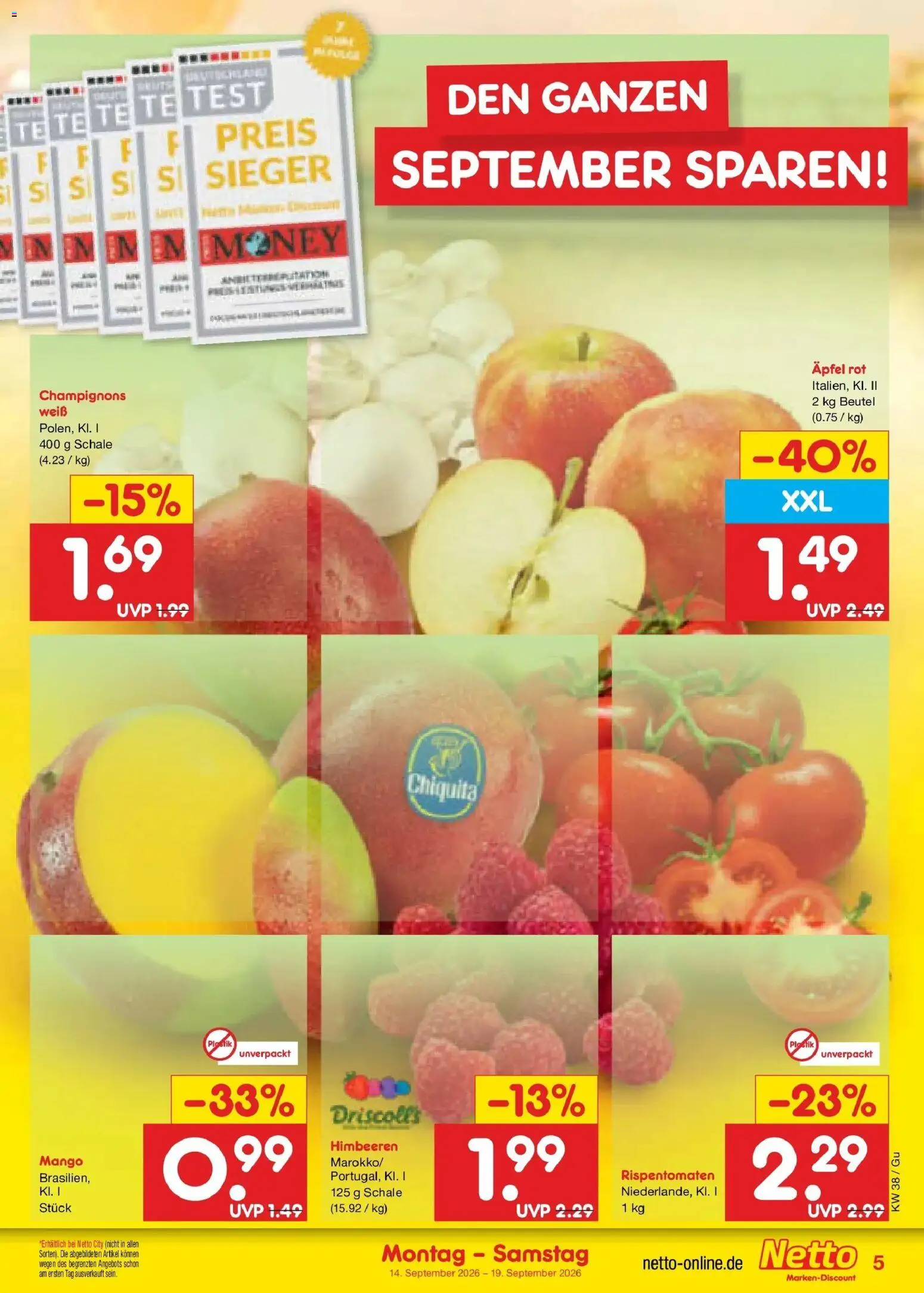 Netto Marken-Discount Prospekt Machern – gültig ab 14.09.2026 | Seite: 7 | Produkte: Himbeeren, Äpfel, Champignons, Mango