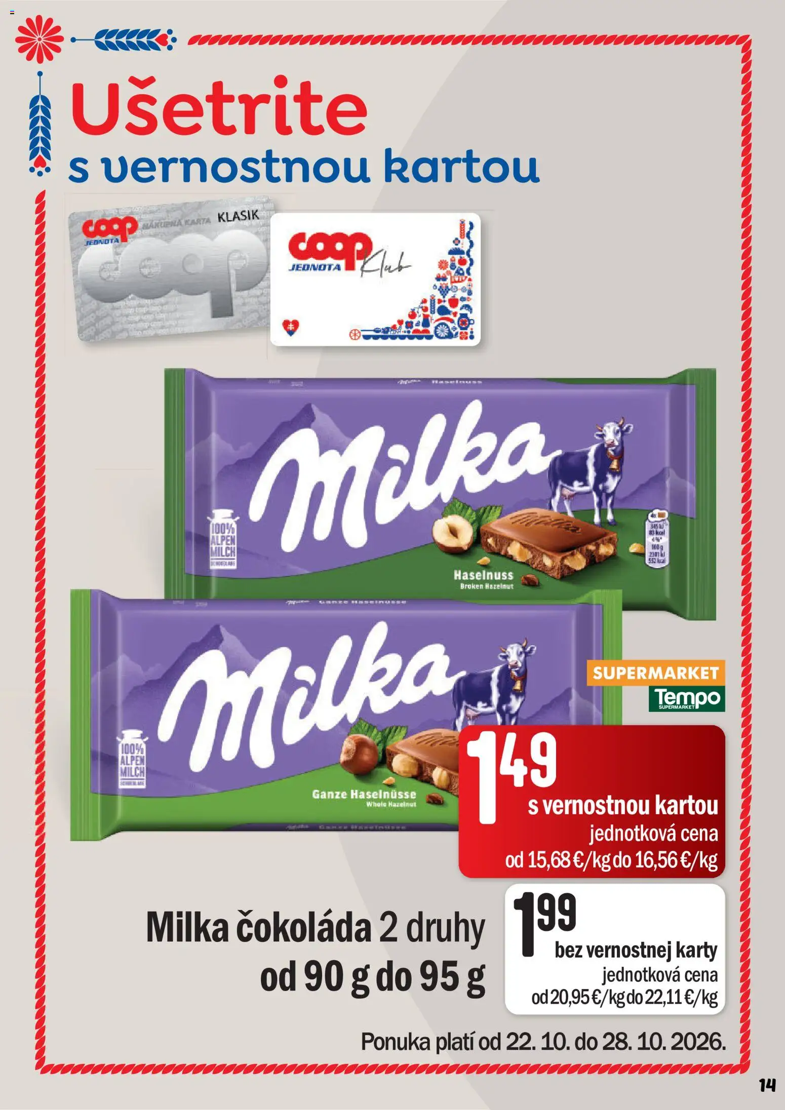 Nové COOP Jednota akcie – leták je platný od 22.10.2026 | Strana: 14 | Produkty: Čokoláda, Milka