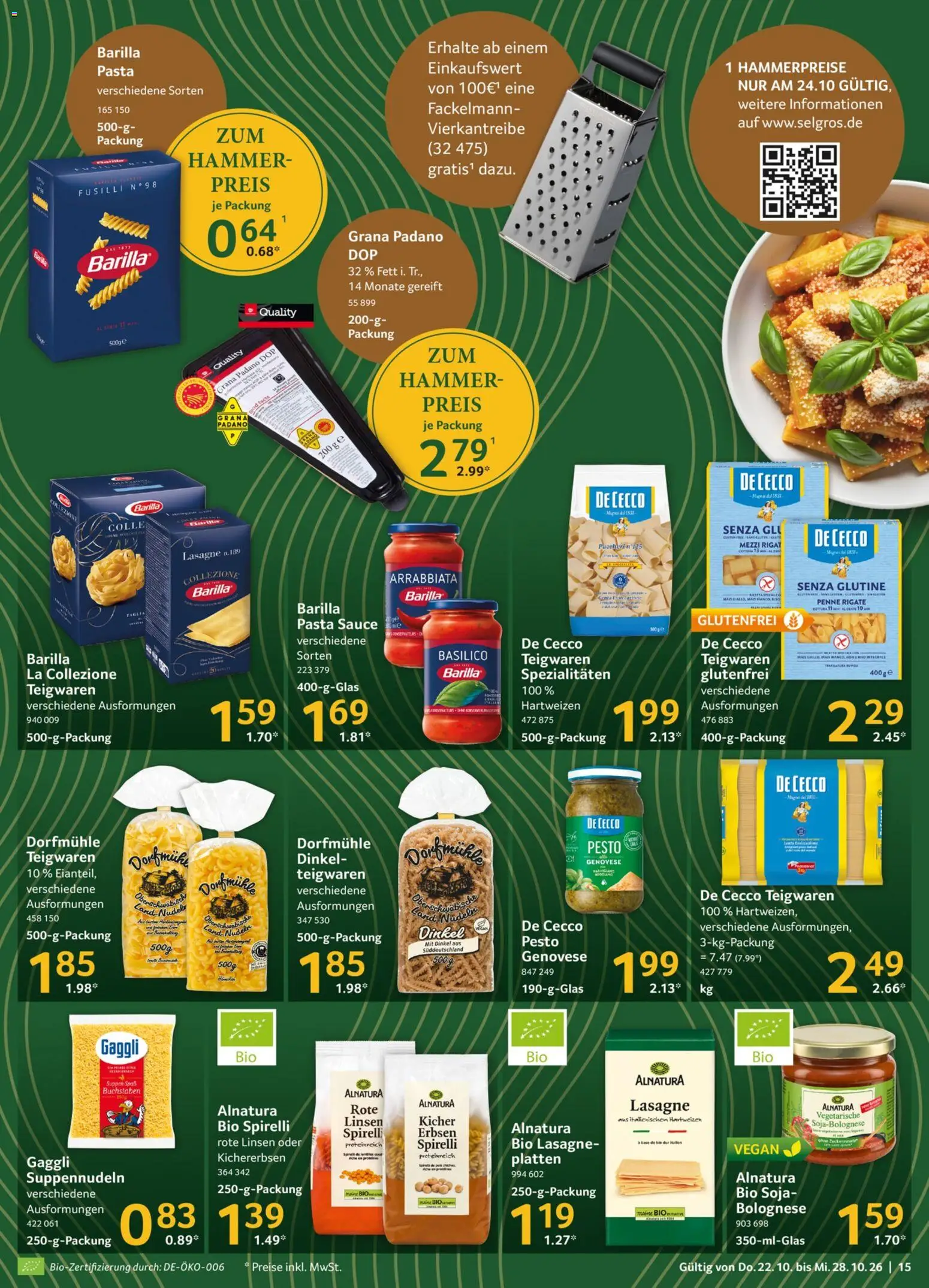 Selgros Prospekt – gültig ab 22.10.2026 | Seite: 15 | Produkte: Barilla, Lasagne, Pasta, Erbsen