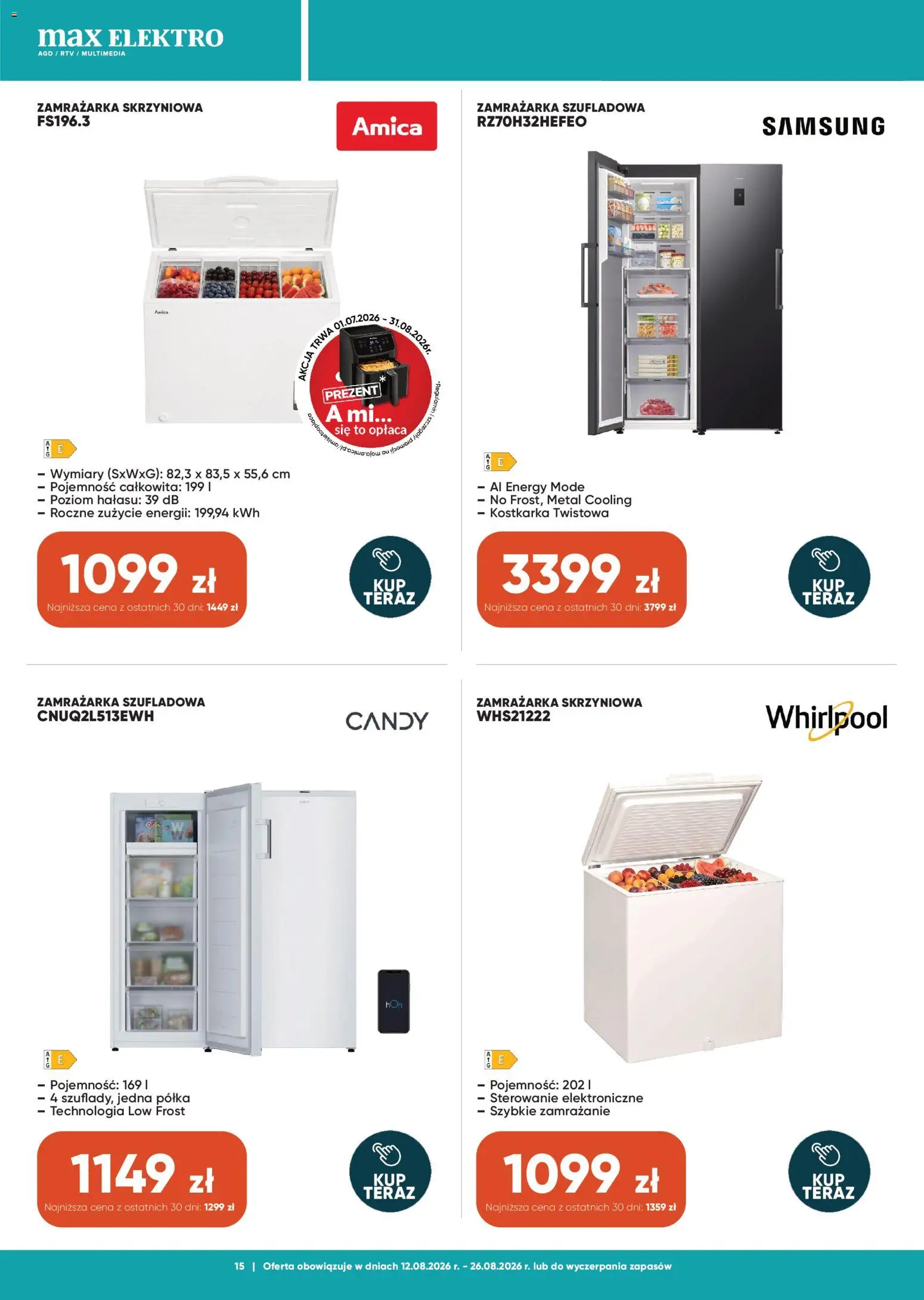 Max elektro gazetka od 12.08.2026 | Strona: 15 | Produkty: Zamrażarka szufladowa, Zamrażarka, Półka