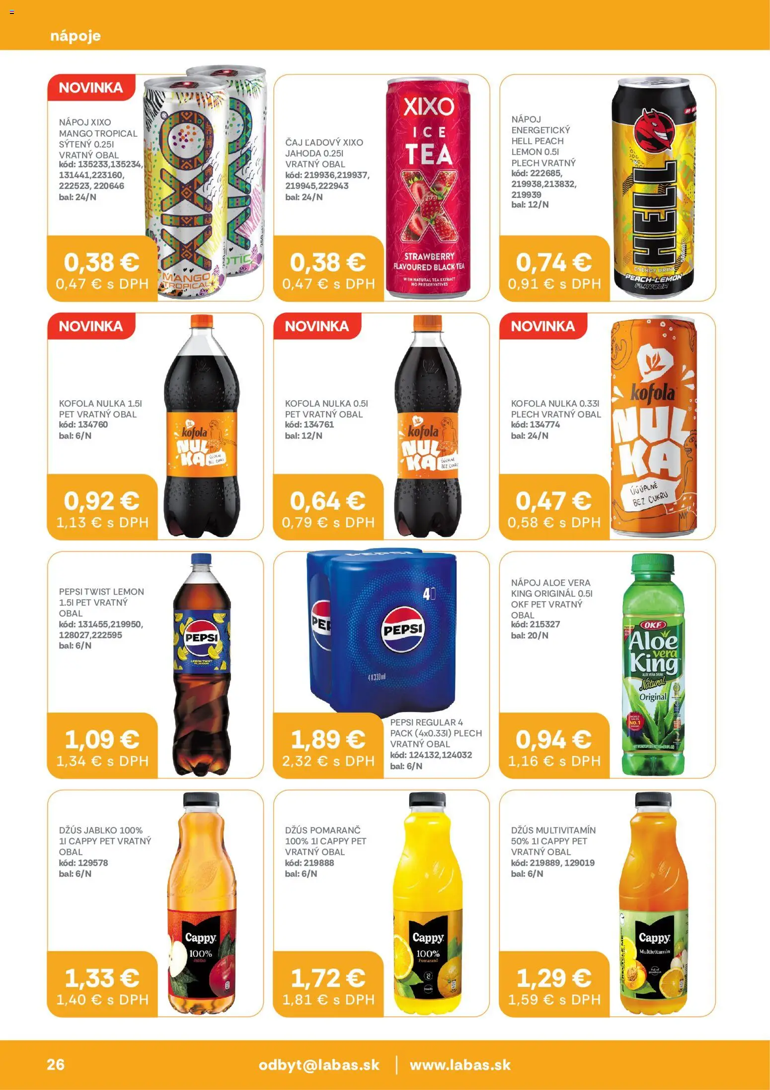 Nové Labaš akcie – leták je platný od 05.06.2026 | Strana: 26 | Produkty: Džús, Kofola, Pepsi, Mango
