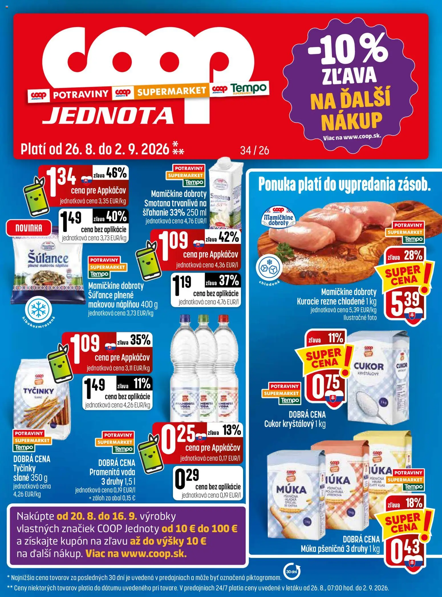 Nové COOP Jednota akcie – leták je platný od 26.08.2026 | Strana: 1 | Produkty: Smotana, Pramenitá voda, Múka, Voda