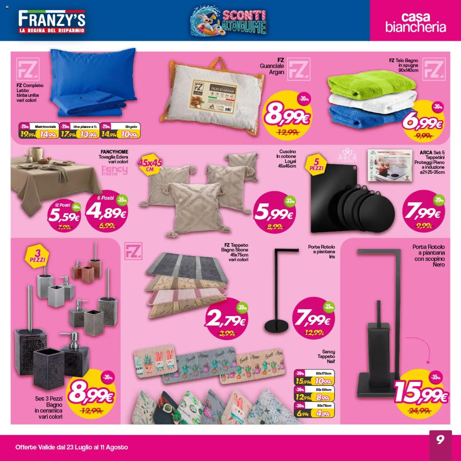 Volantino Franzy's del 23/07/2026 | Pagina: 9 | Prodotti: Spugna, Tovaglia, Bagno, Guanciale