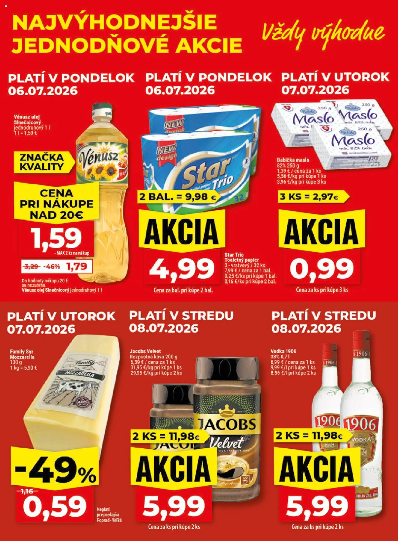 Nové Klas akcie – leták je platný od 06.07.2026 | Strana: 2 | Produkty: Káva, Mozzarella, Toaletný papier, Vodka
