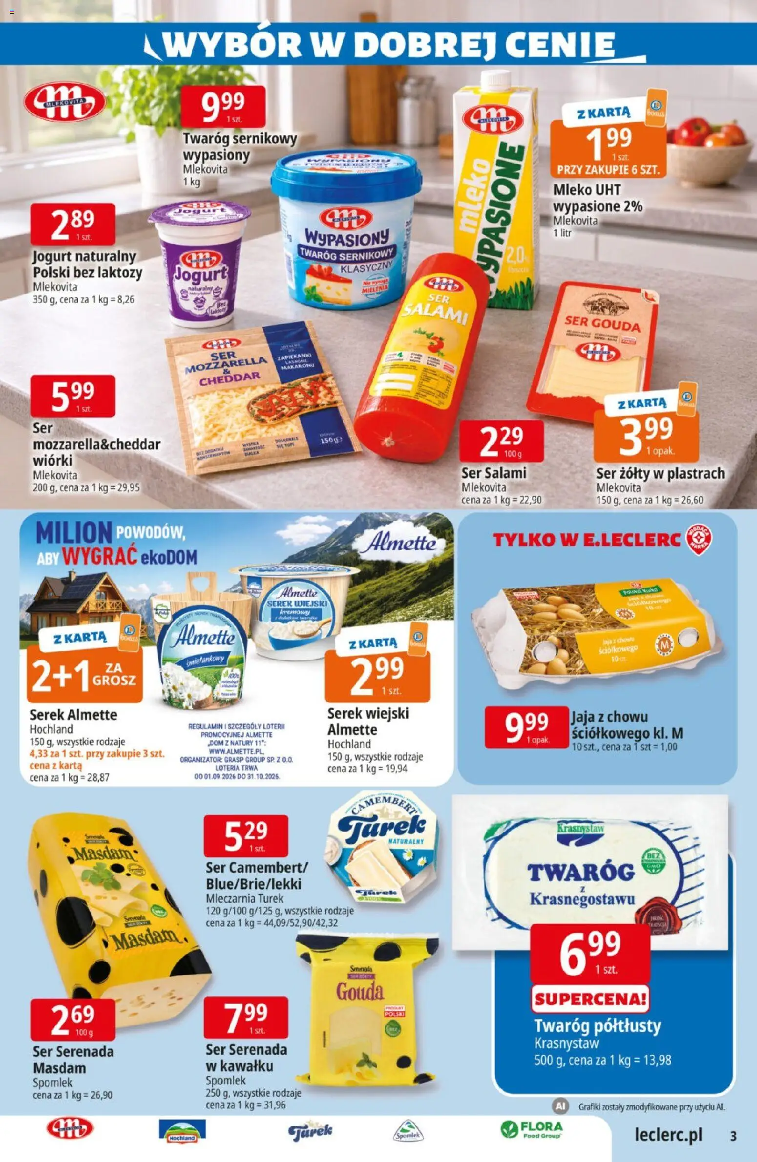 E.Leclerc gazetka od 06.10.2026 | Strona: 3 | Produkty: Ser żółty, Camembert, Mleko UHT, Twaróg
