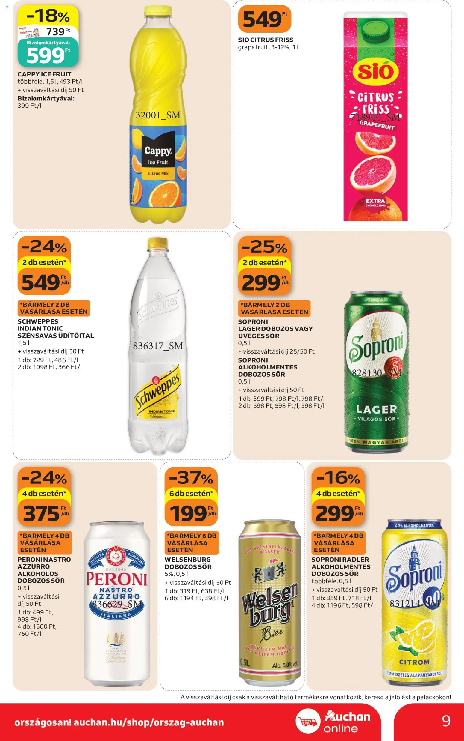 Auchan akciós ujság - amely érvényes a következő dátumtól: 2026.10.22. | Oldal: 9 | Termékek: Tonic, Soproni, Világos sör, Dobozos sör