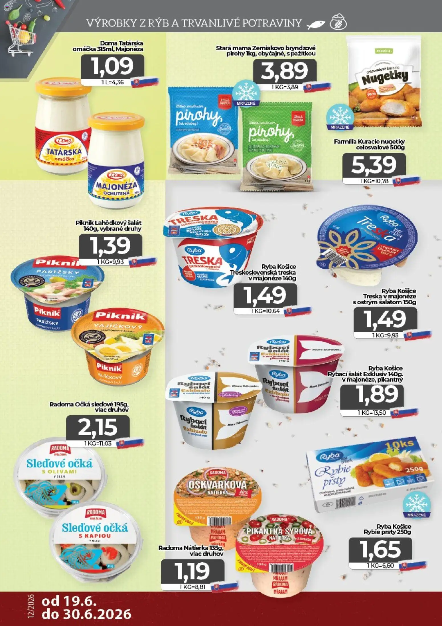 Nové CBA Komfos akcie – leták je platný od 19.06.2026 | Strana: 6 | Produkty: Pirohy, Šalát, Tatárska omáčka, Omáčka