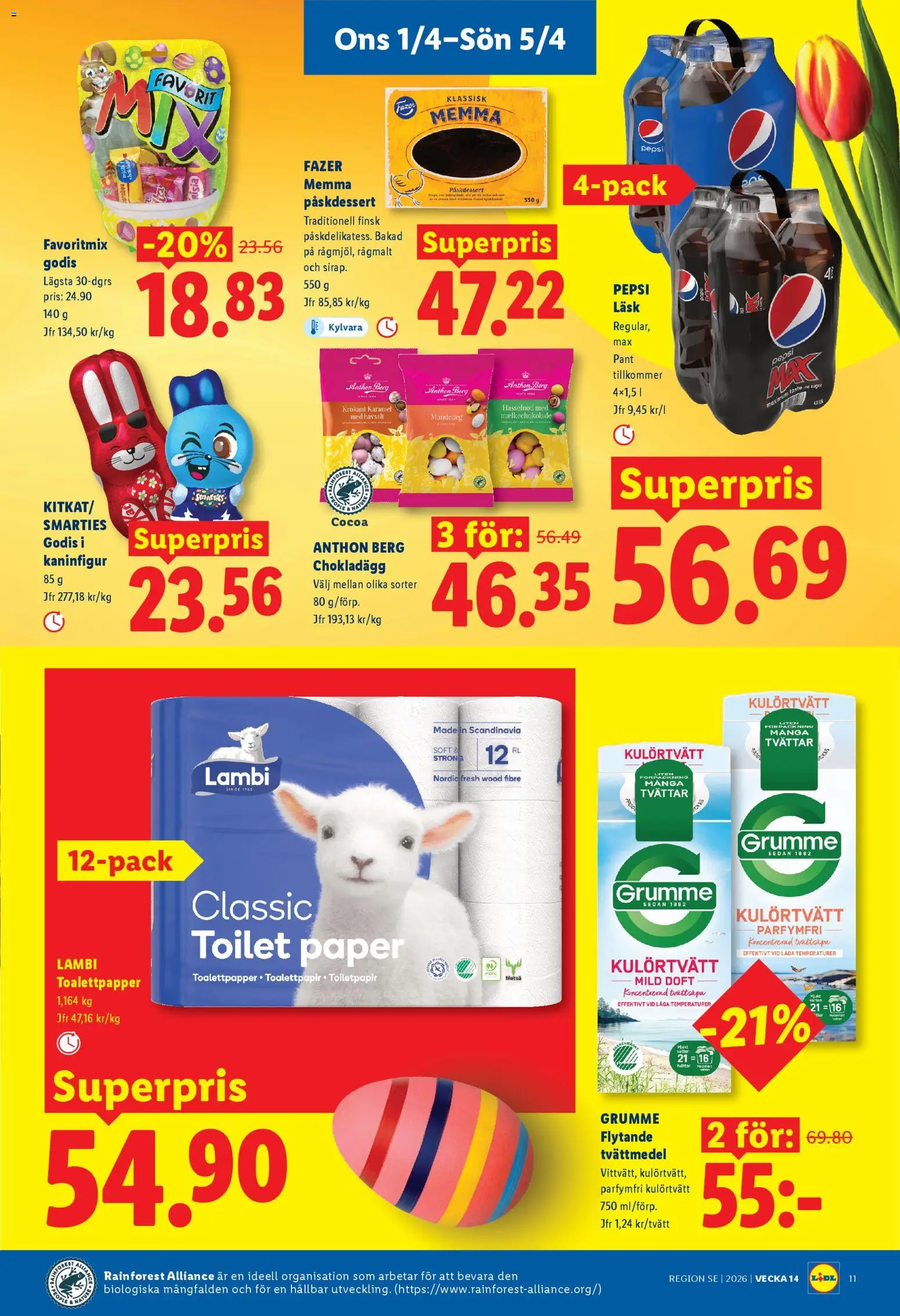 Lidl reklamblad aktuell från 01/04/2026 | Sida: 13 | Produkter: Tvättmedel, Toalettpapper, Pepsi, Godis