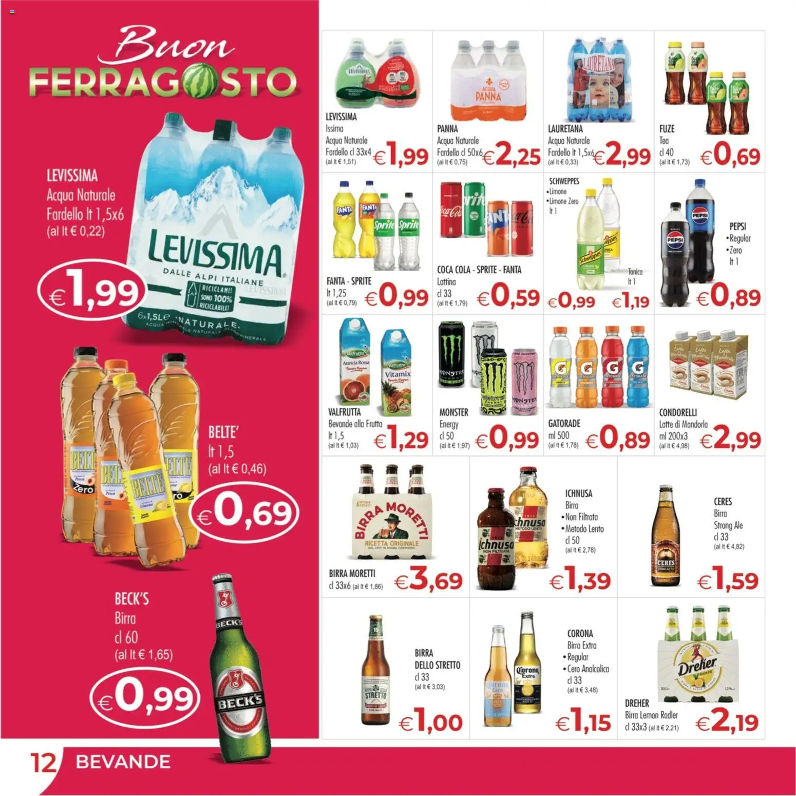 Volantino MerSi Supermercati del 12/08/2026 | Pagina: 12 | Prodotti: Birra Beck's, Mandorla, Birra Moretti, Sprite