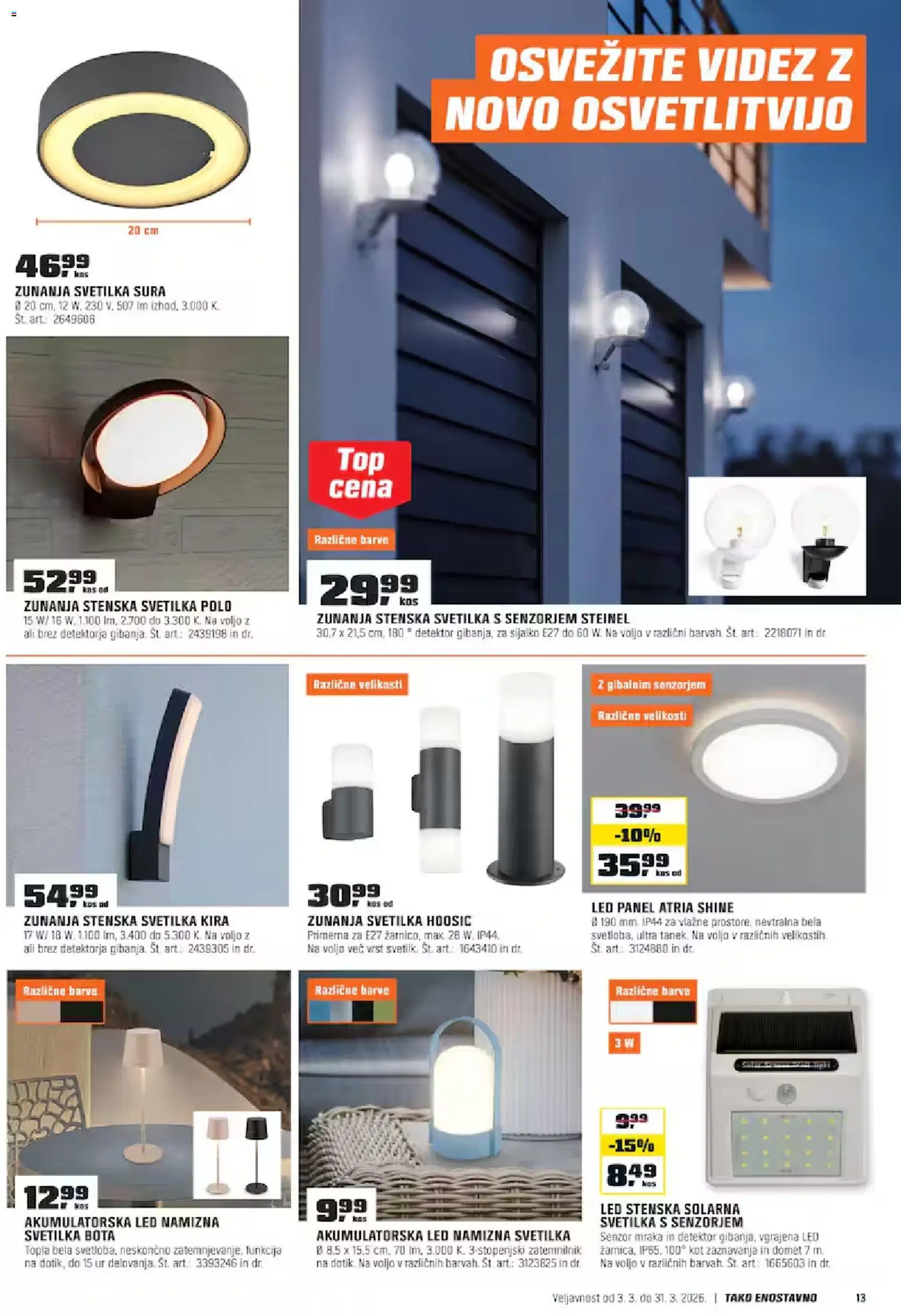 Novi OBI katalog ponudbe – veljaven od 03.03.2026 | Stran: 13 | Izdelki: Solarna svetilka, Svetilka, Namizna svetilka, Stenska svetilka
