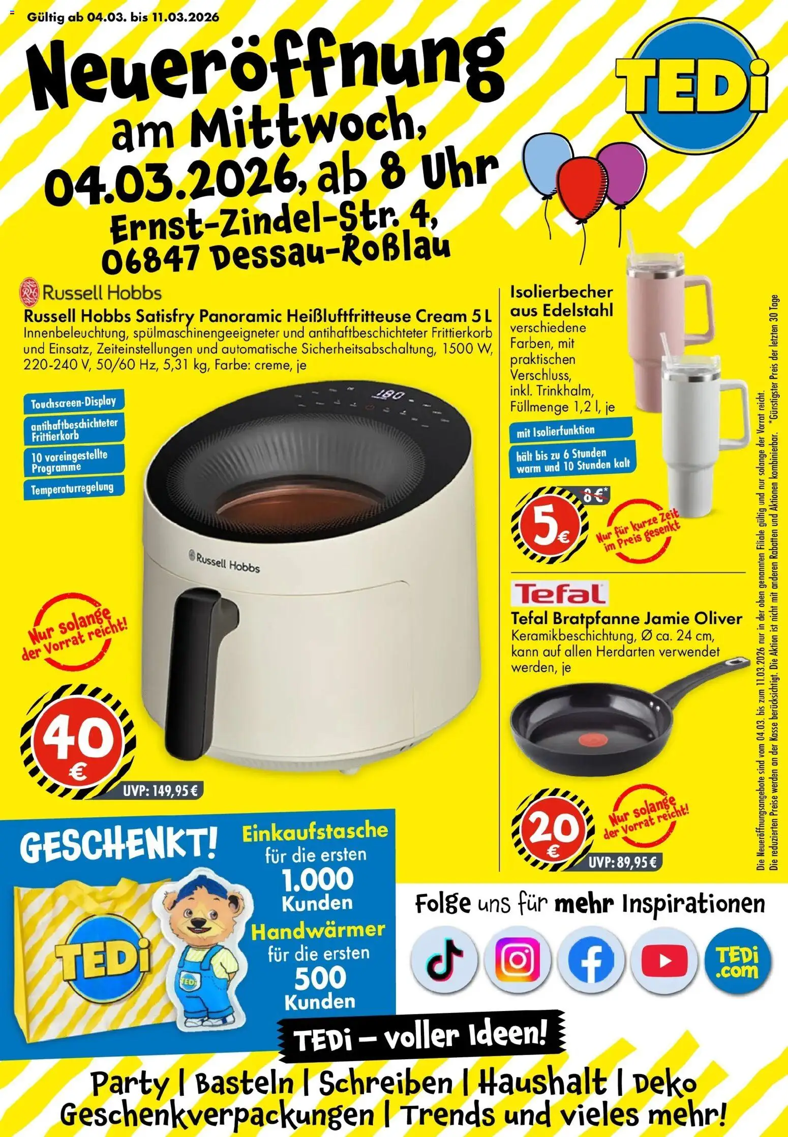 TEDi - TEDi Neueröffnung Dessau-Roßlau – gültig ab 04.03.2026 | Seite: 1 | Produkte: Heißluftfritteuse, Uhr