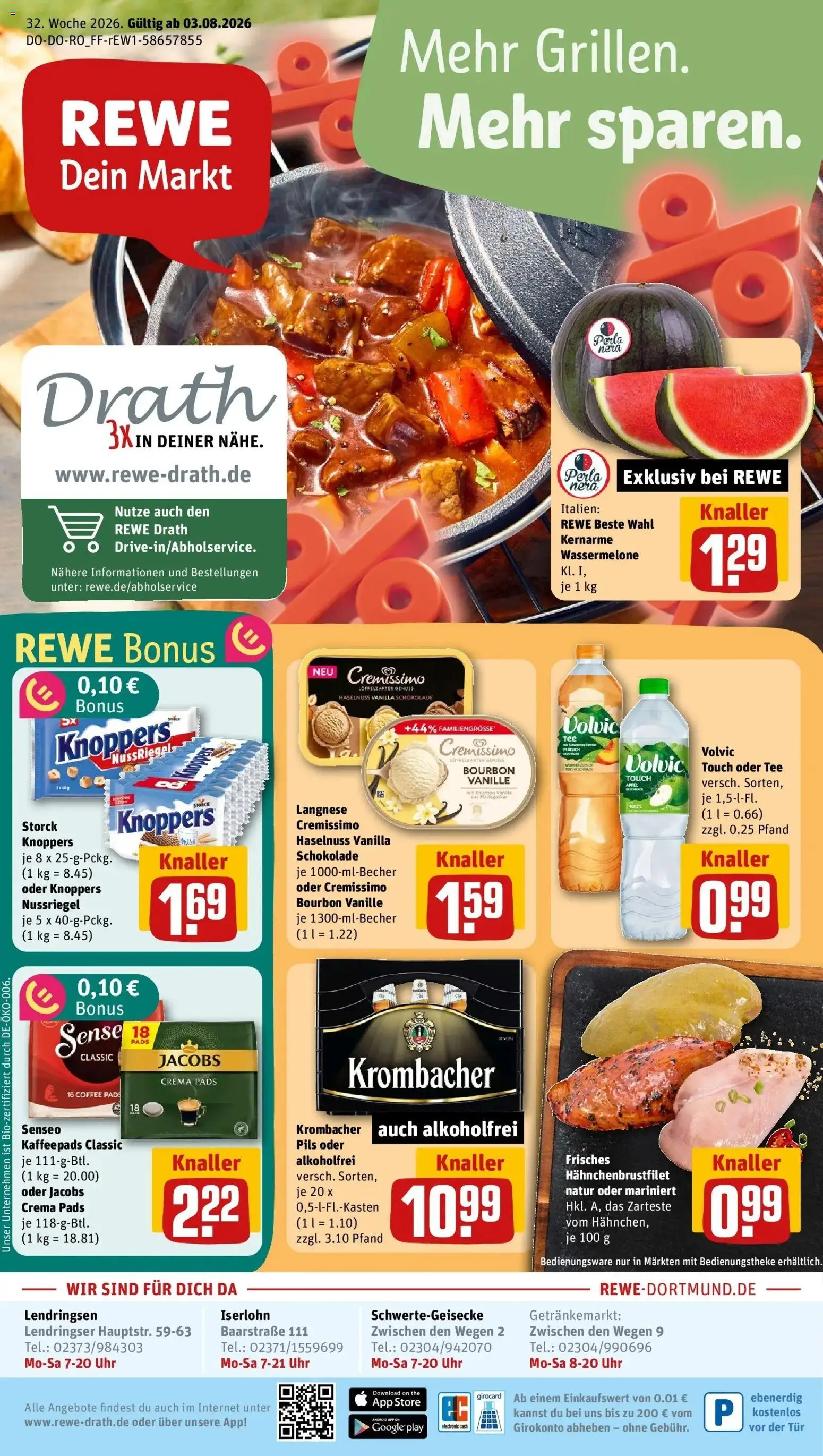 Rewe Prospekt Schwerte – gültig ab 03.08.2026 | Seite: 1 | Produkte: Kaffeepads, Krombacher, Tee, Volvic