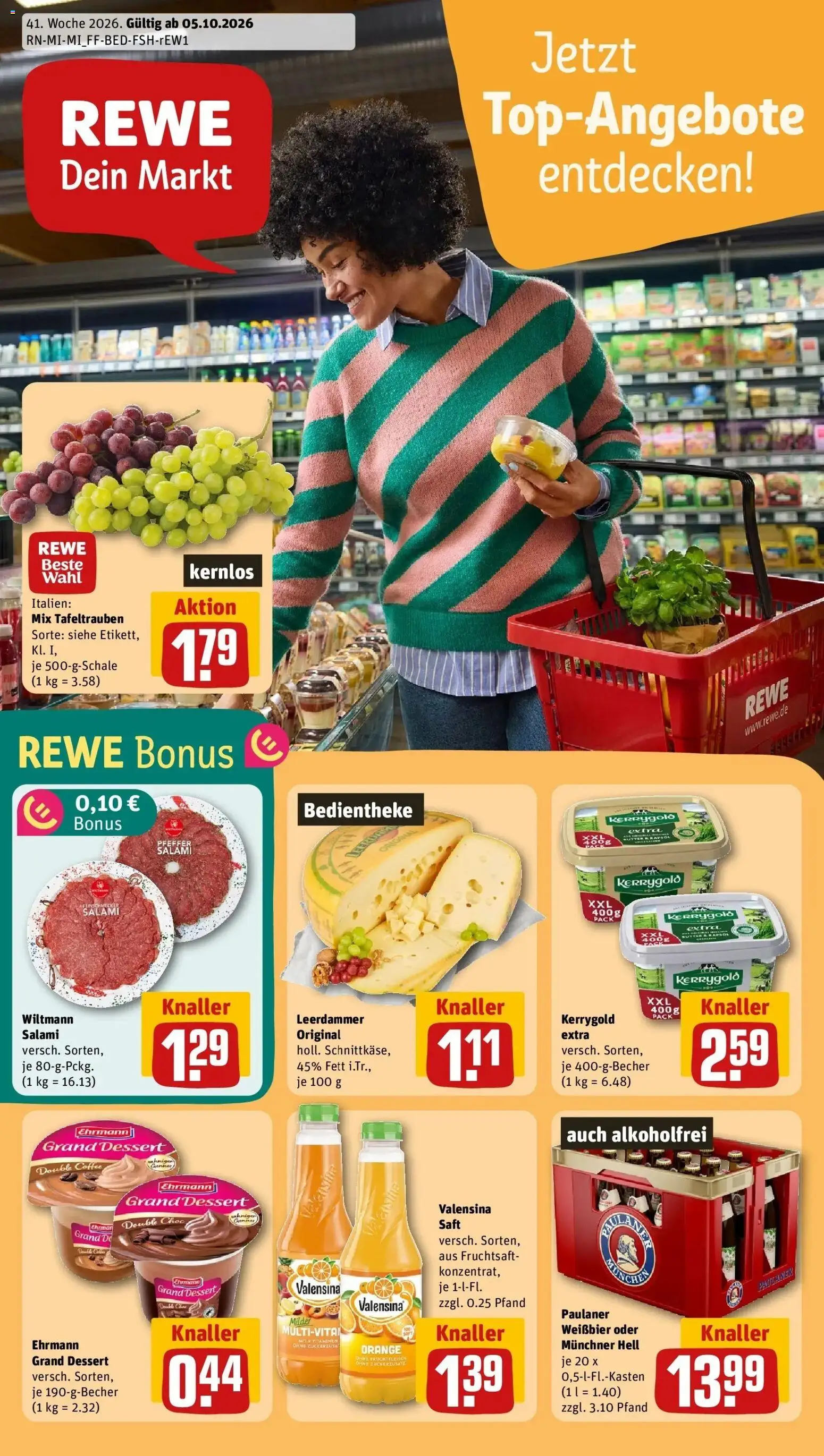 REWE Prospekt ab 05.10.2026 zum Blättern » Angebote | Seite: 1 | Produkte: Valensina, Salami, Saft, Paulaner