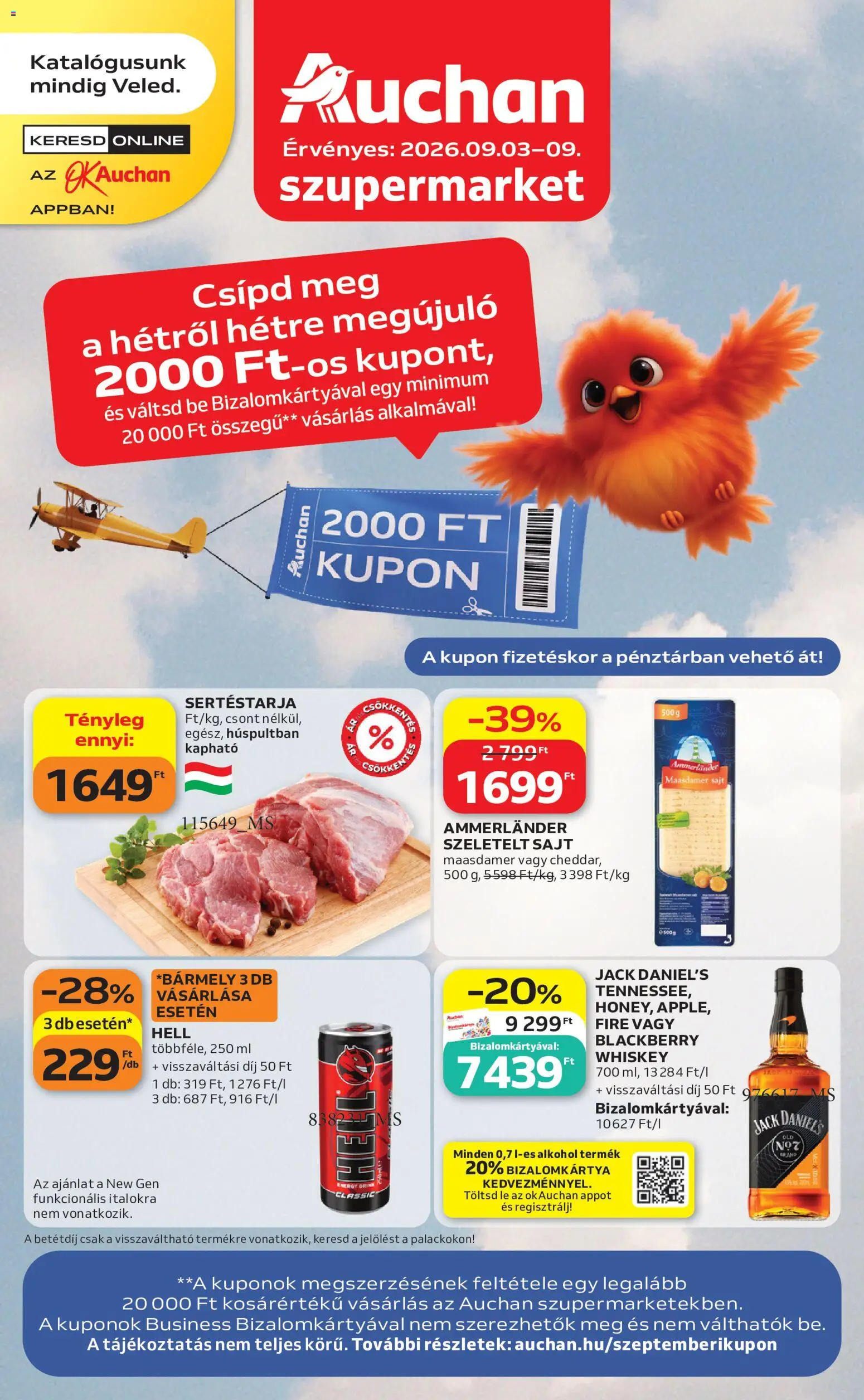 Auchan akciós ujság - amely érvényes a következő dátumtól: 2026.09.03. | Oldal: 1 | Termékek: Whiskey, Jack Daniel’s, Energy drink, Sajt
