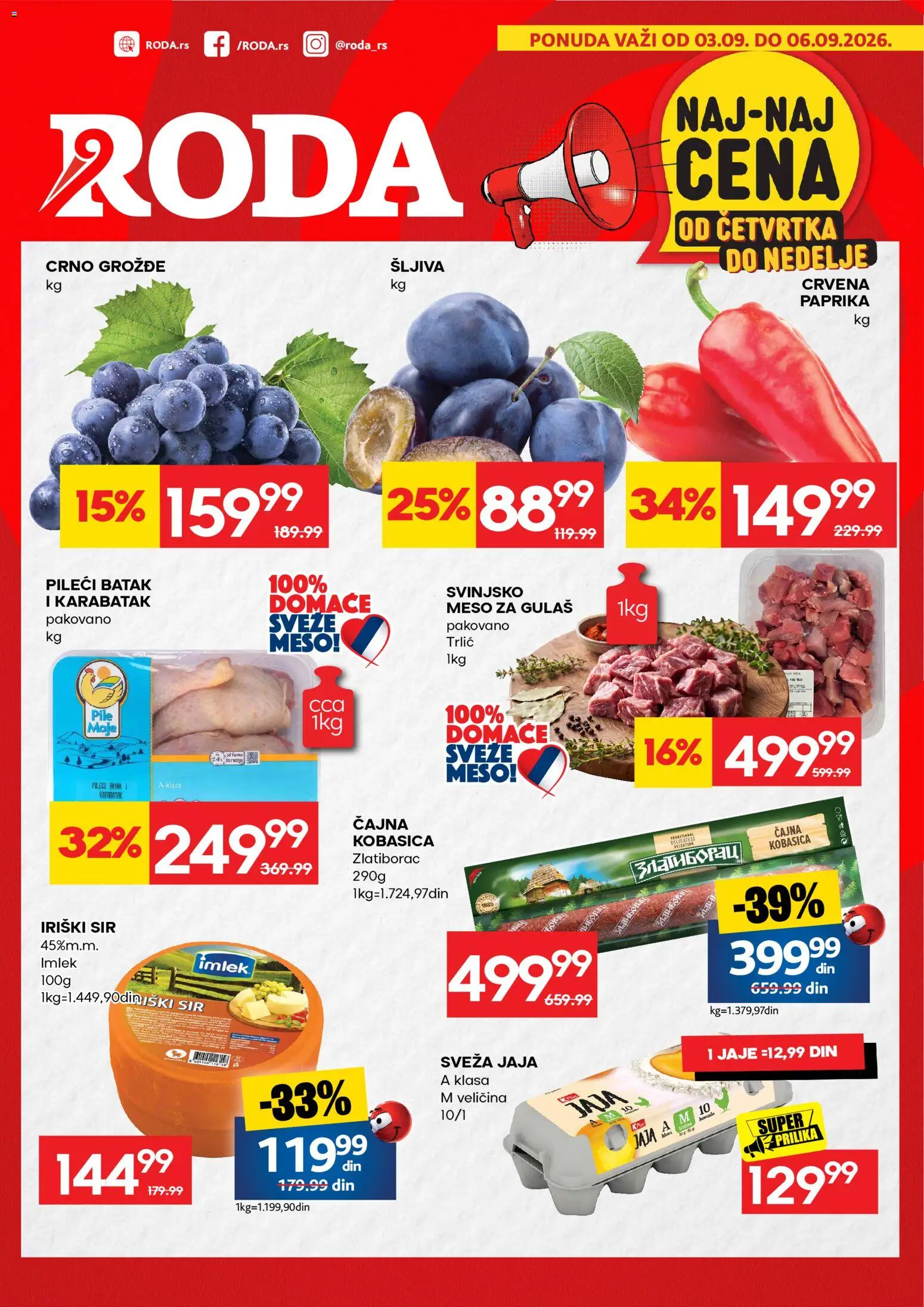 Roda katalog - važi od 03.09.2026 | Strana: 1 | Proizvode: Crvena paprika, Pileći batak, Sir, Meso za gulaš