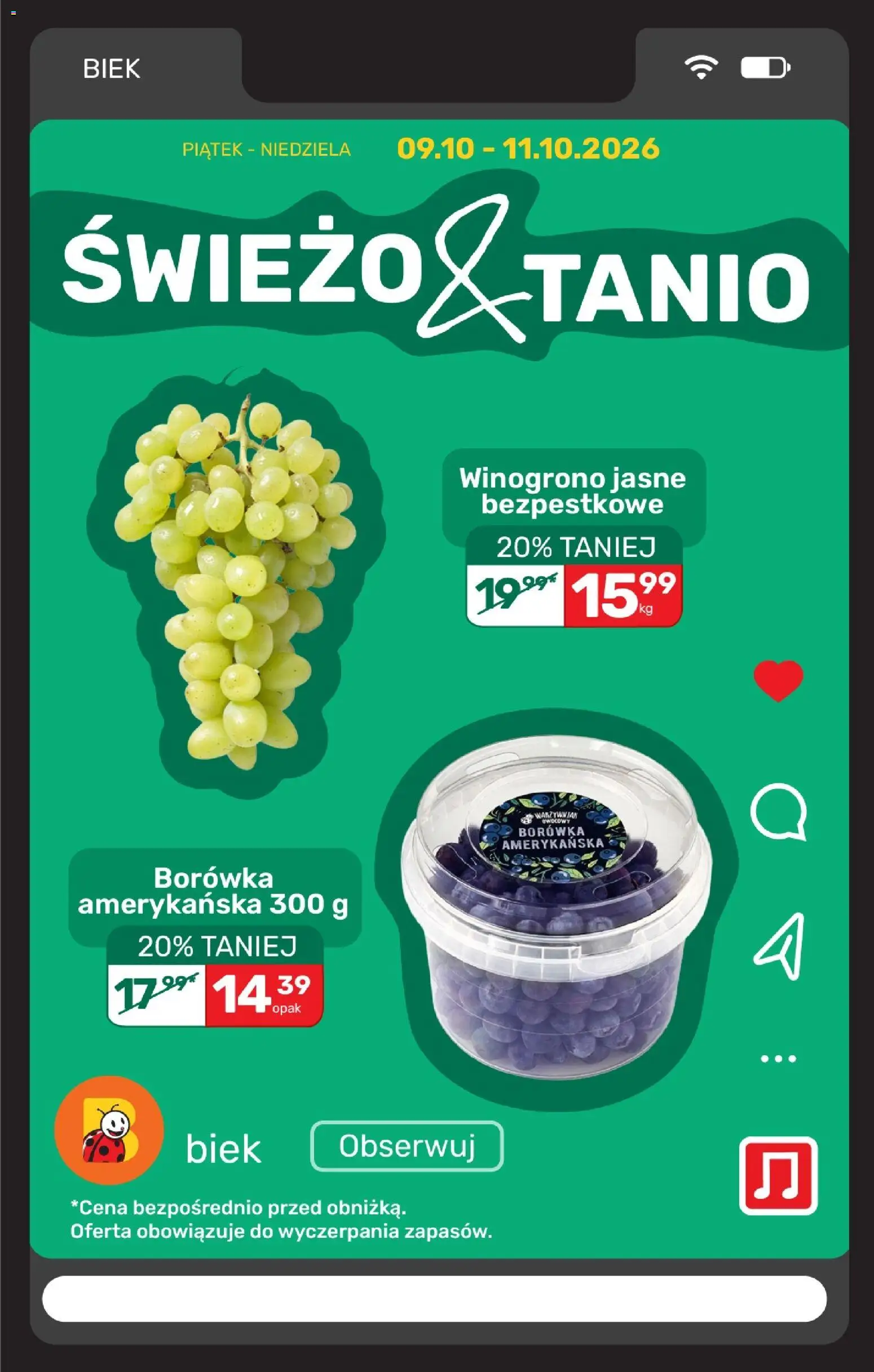 Biedronka gazetka - Biek od 10.10.2026 | Strona: 17 | Produkty: Winogrono, Borówka amerykańska, Warzywa