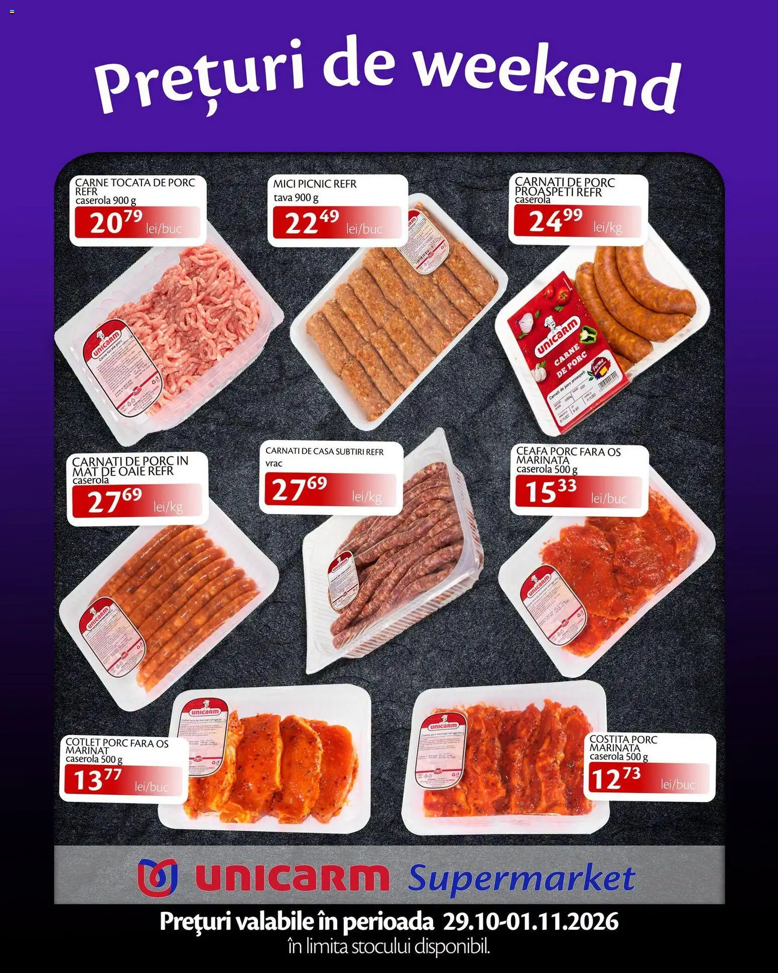 Noul catalog Unicarm – valabil de la 29.10.2026 | Pagină: 2 | Produse: Carnati de porc, Cotlet, Mici, Carne tocată