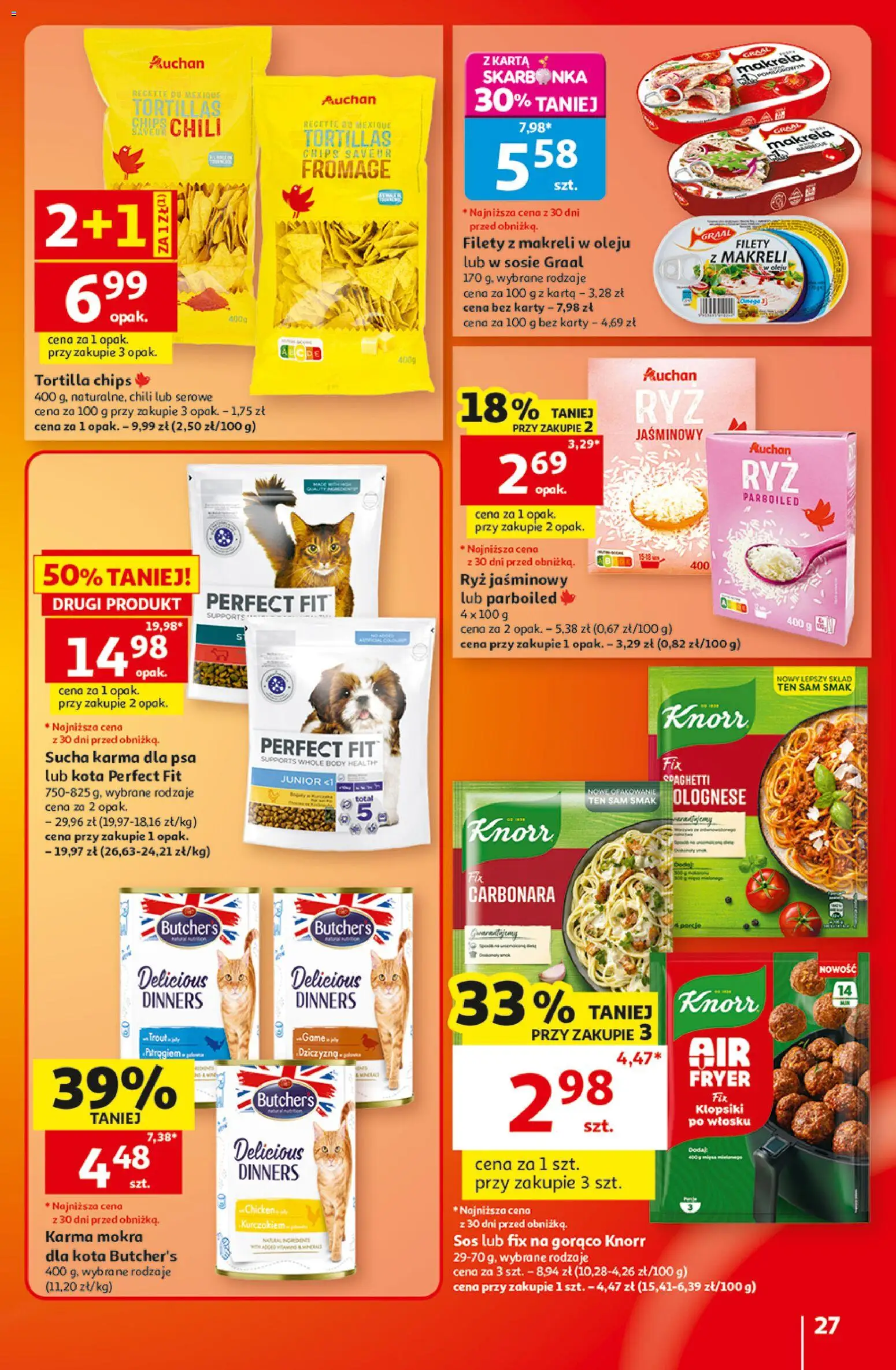 Auchan gazetka - Hipermarket od 22.10.2026 | Strona: 27 | Produkty: Tortilla chips, Makrela, Sucha karma dla psa, Perfect Fit