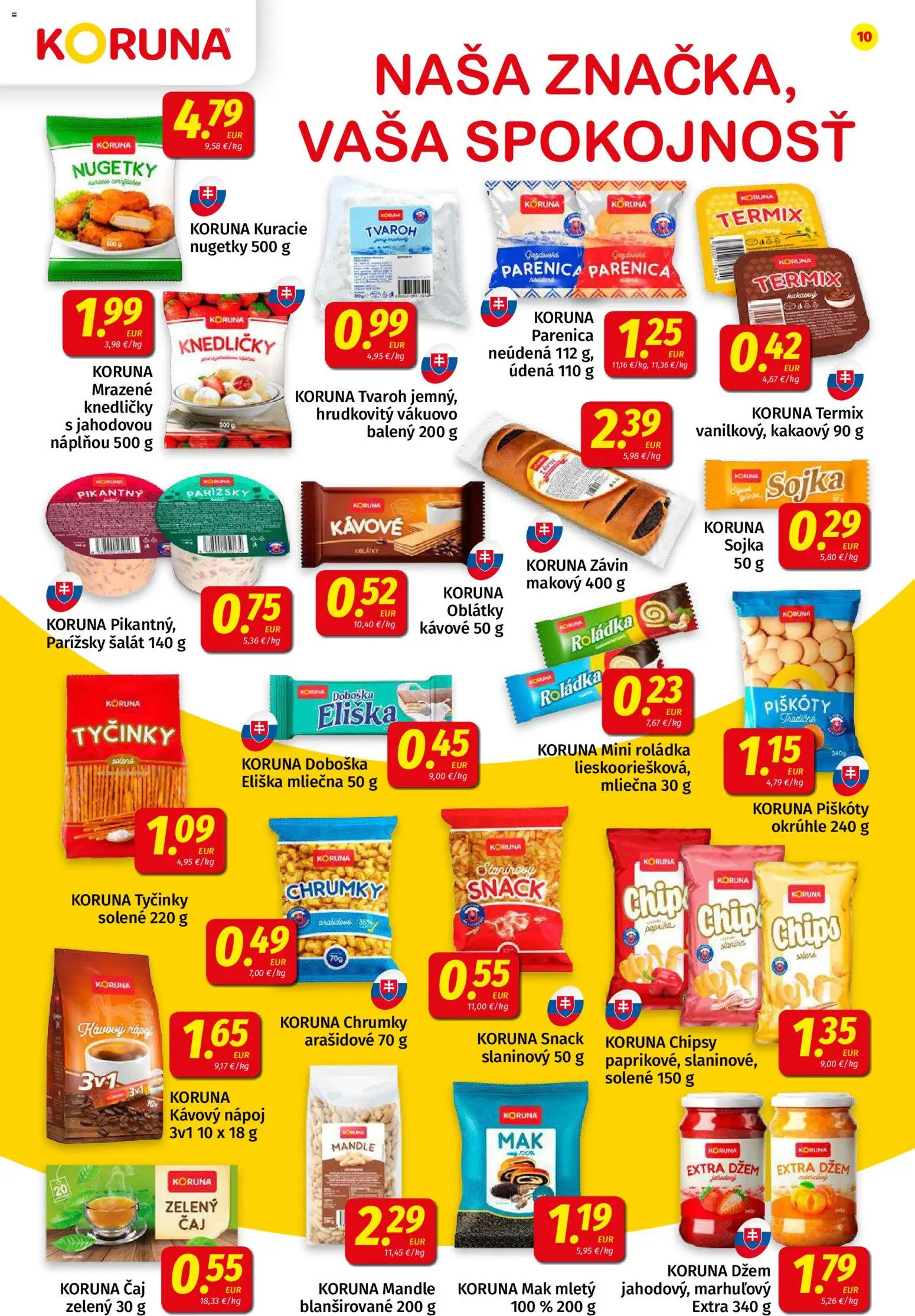 Nové Koruna akcie – leták je platný od 31.07.2026 | Strana: 10 | Produkty: Oblátky, Tvaroh, Šalát, Mandle