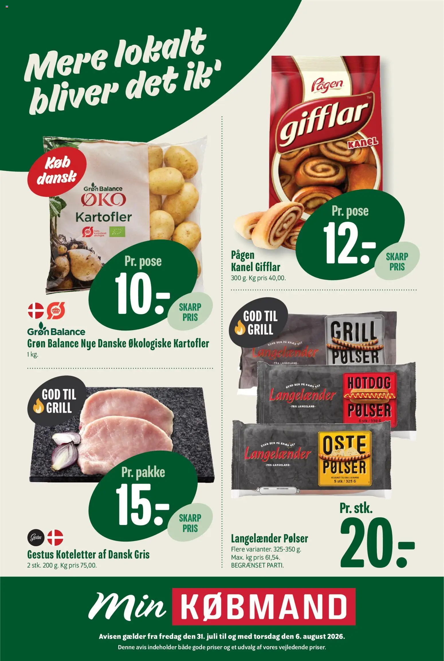 Min Købmand tilbudsavis – gyldig fra 31/07/2026 | Side: 1 | Produkter: Pølser, Kanel, Koteletter, Grill