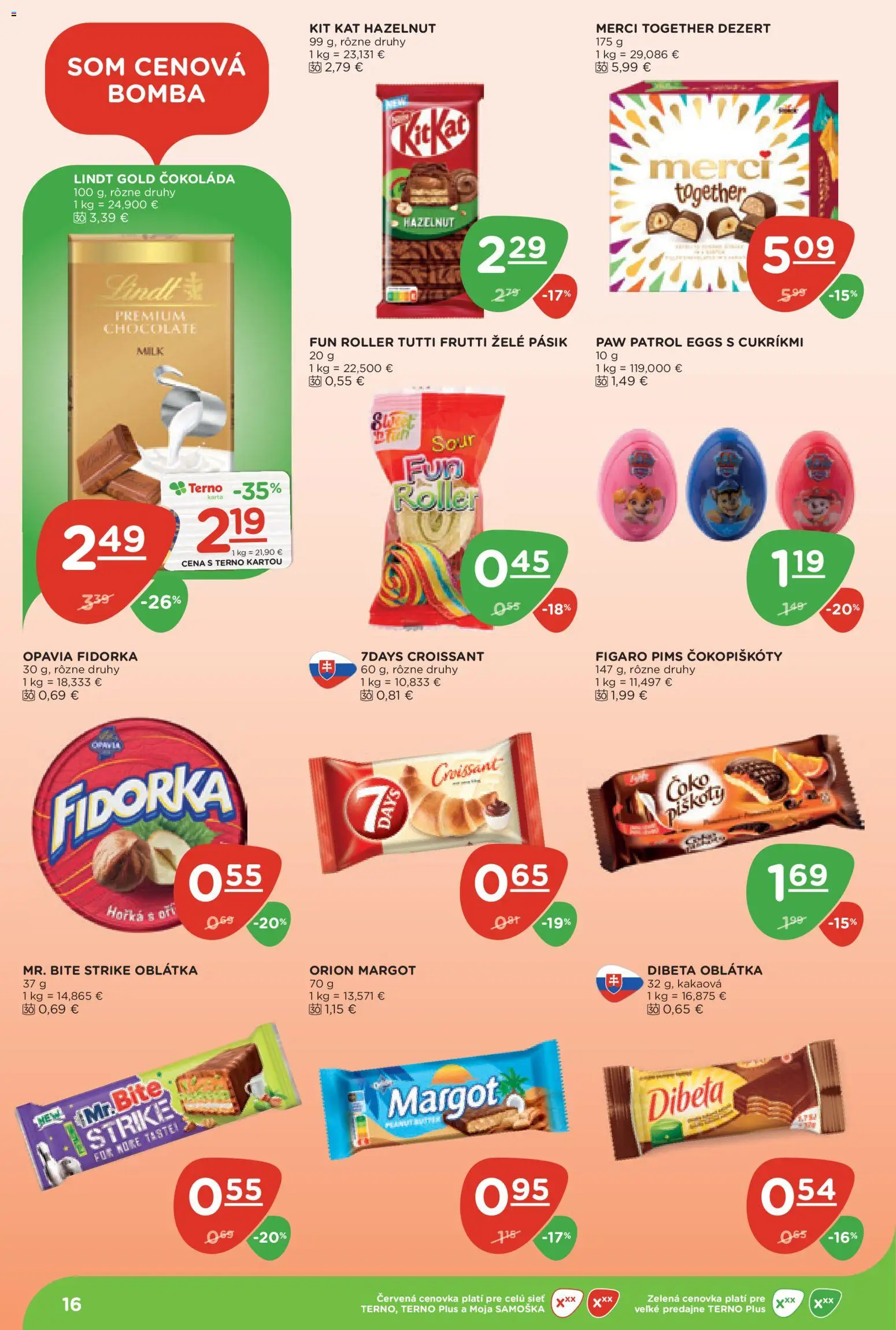 Nové Terno akcie – leták je platný od 10.09.2026 | Strana: 16 | Produkty: Piškóty, Lindt, Merci, Čokoláda
