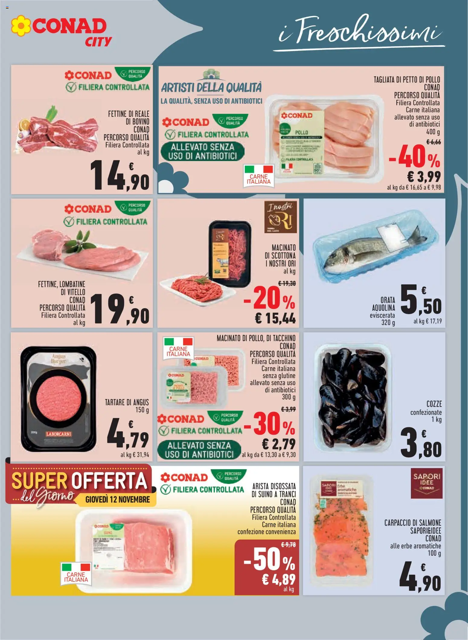 Volantino Conad del 04/11/2026 | Pagina: 5 | Prodotti: Senza glutine, Bovino, Cozze, Orata