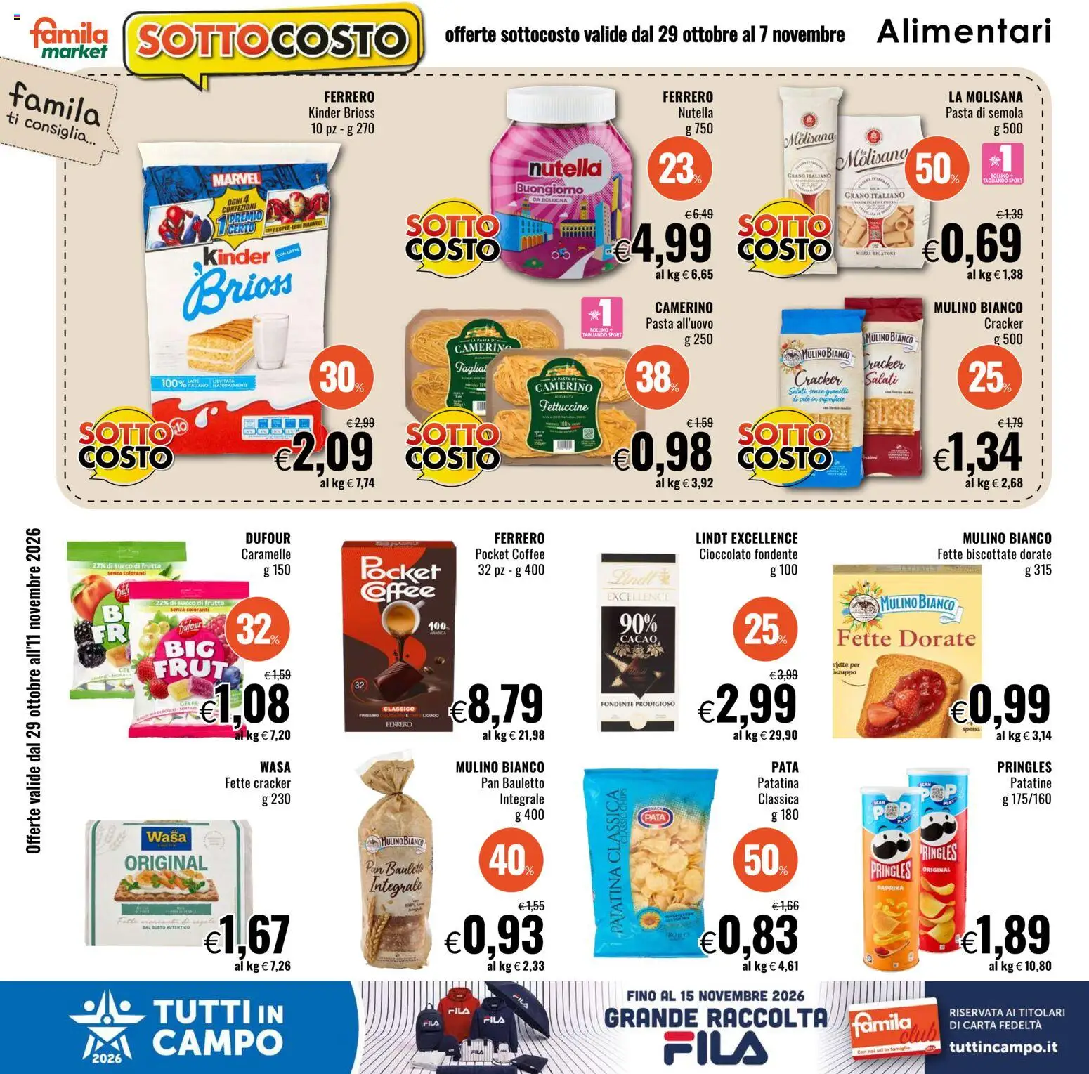 Volantino Famila del 29/10/2026 | Pagina: 6 | Prodotti: Pasta di semola, Cacao, Semola, Succo di frutta