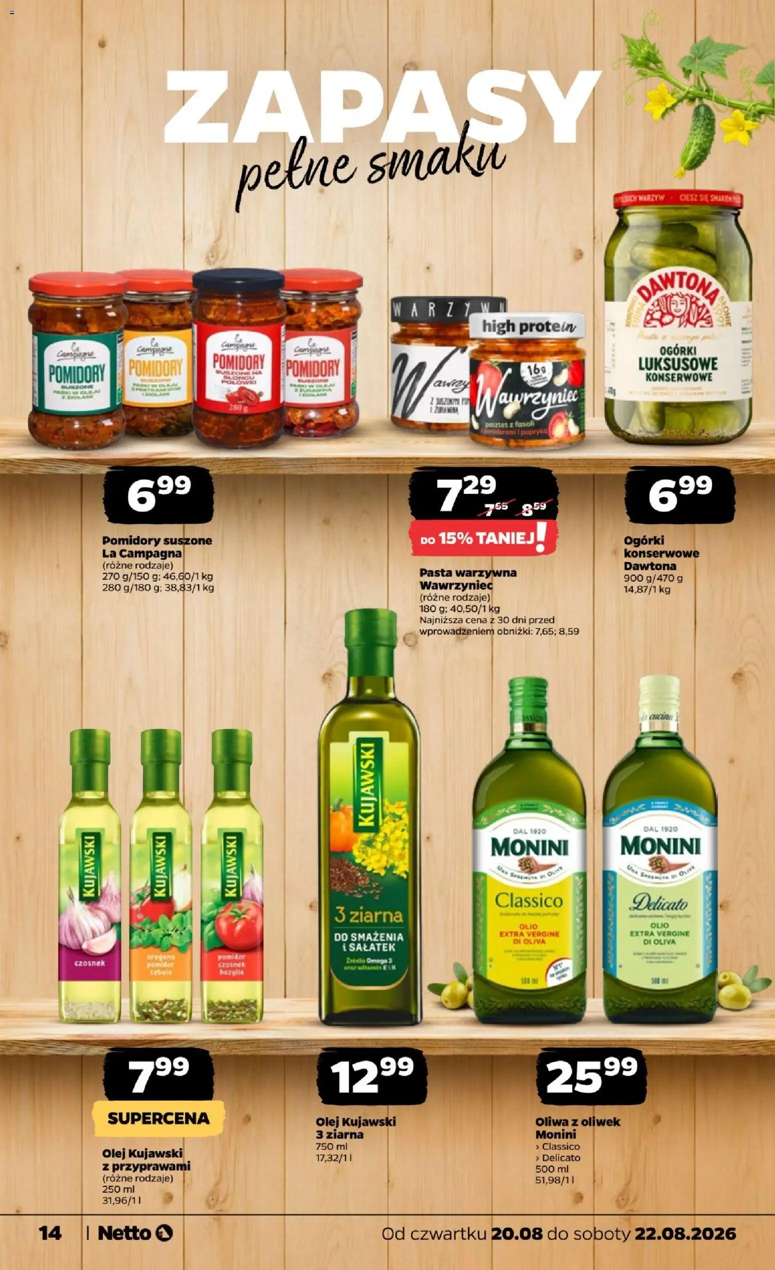 Netto gazetka od czwartku od 20.08.2026 | Strona: 14 | Produkty: High Protein, Pomidor, Olej kujawski, Pasta