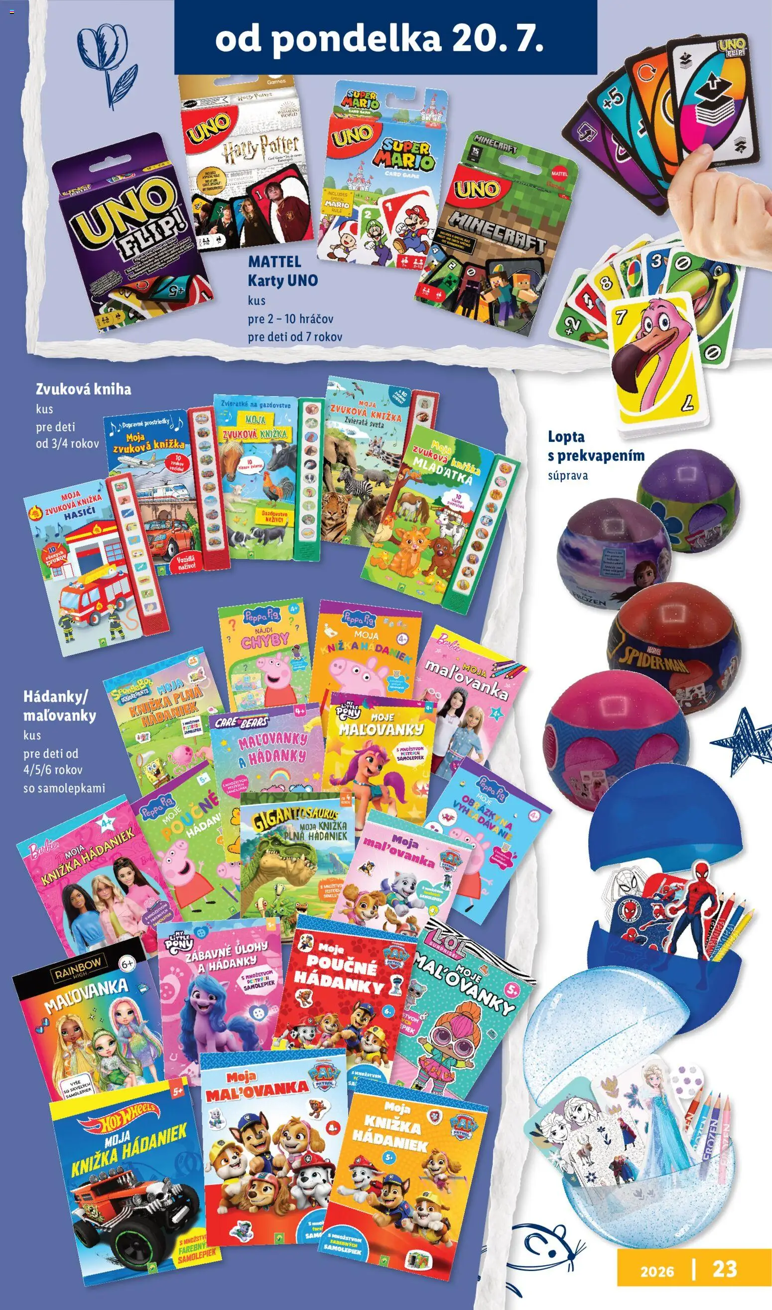 Nové Lidl akcie – leták je platný od 20.07.2026 | Strana: 23 | Produkty: Kniha, Lopta, Puzzle