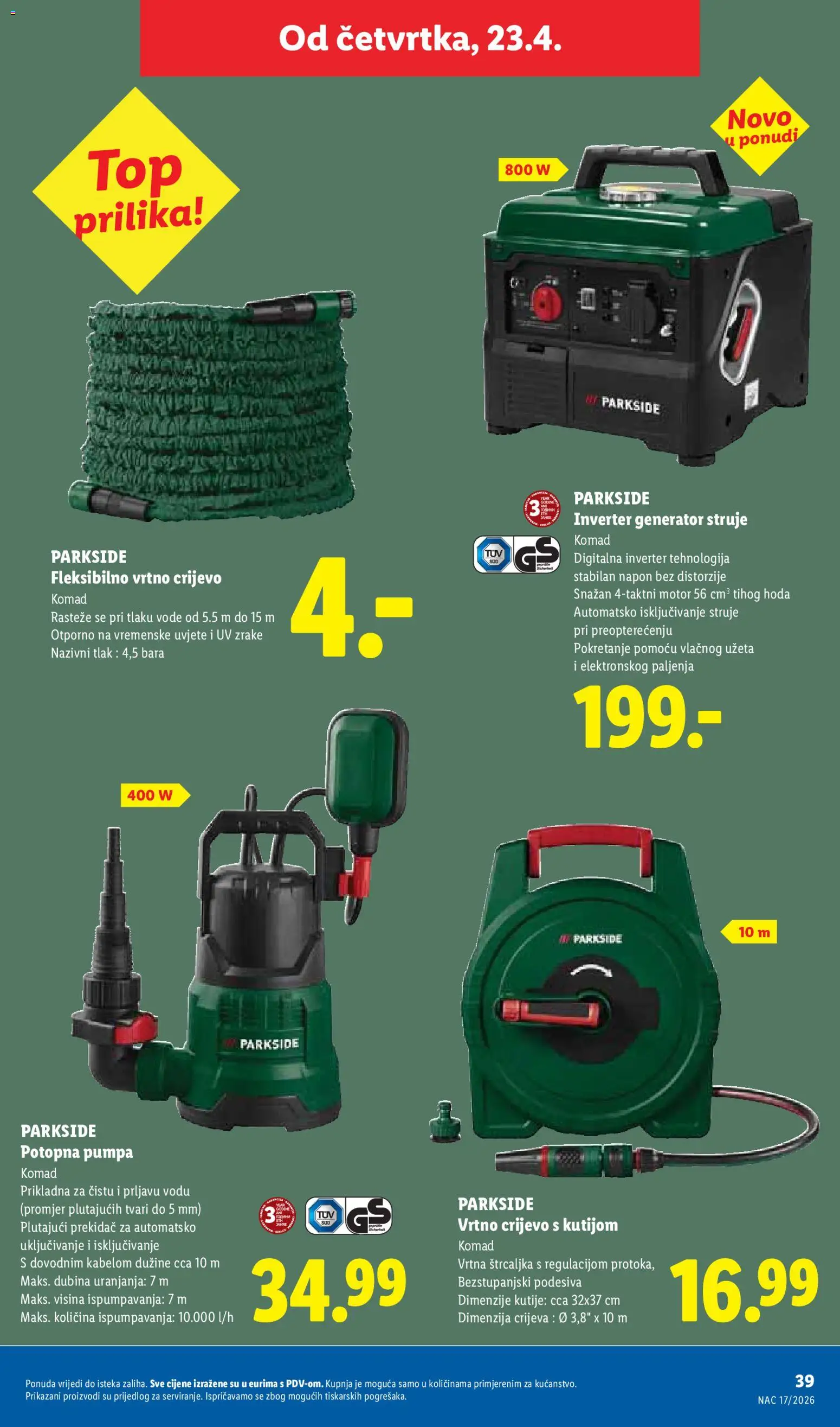 Lidl katalog | vrijedi od 20.04.2026 | Stranica: 39 | Proizvodi: Potopna pumpa, Vrtno crijevo, Parkside