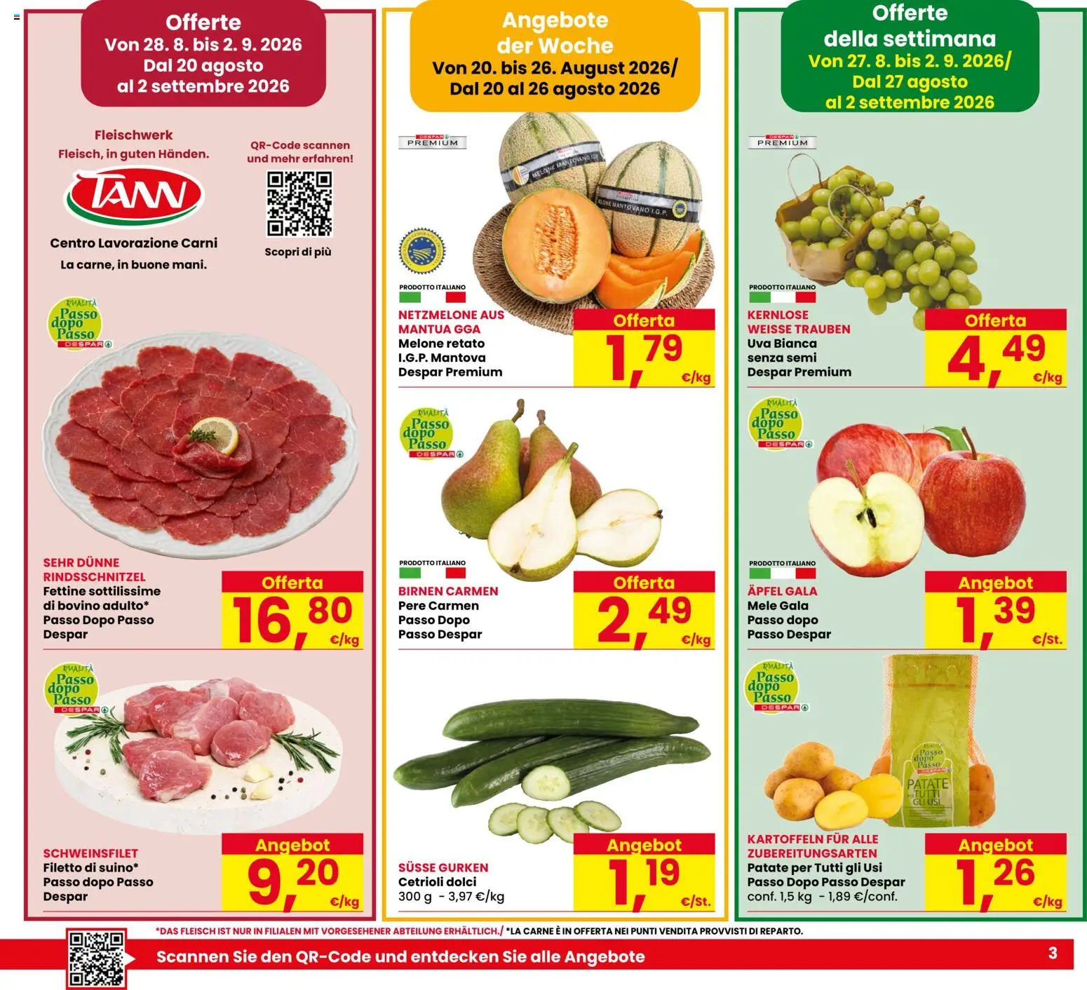 Volantino Despar del 20/08/2026 | Pagina: 3 | Prodotti: Pere, Filetto, Uva, Melone