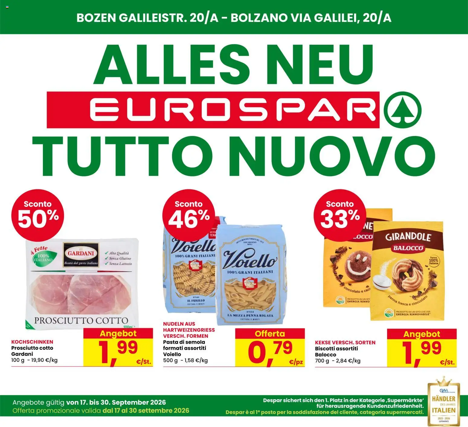 Volantino Eurospar del 17/09/2026 | Pagina: 1 | Prodotti: Prosciutto Cotto, Cioccolato, Voiello, Panna