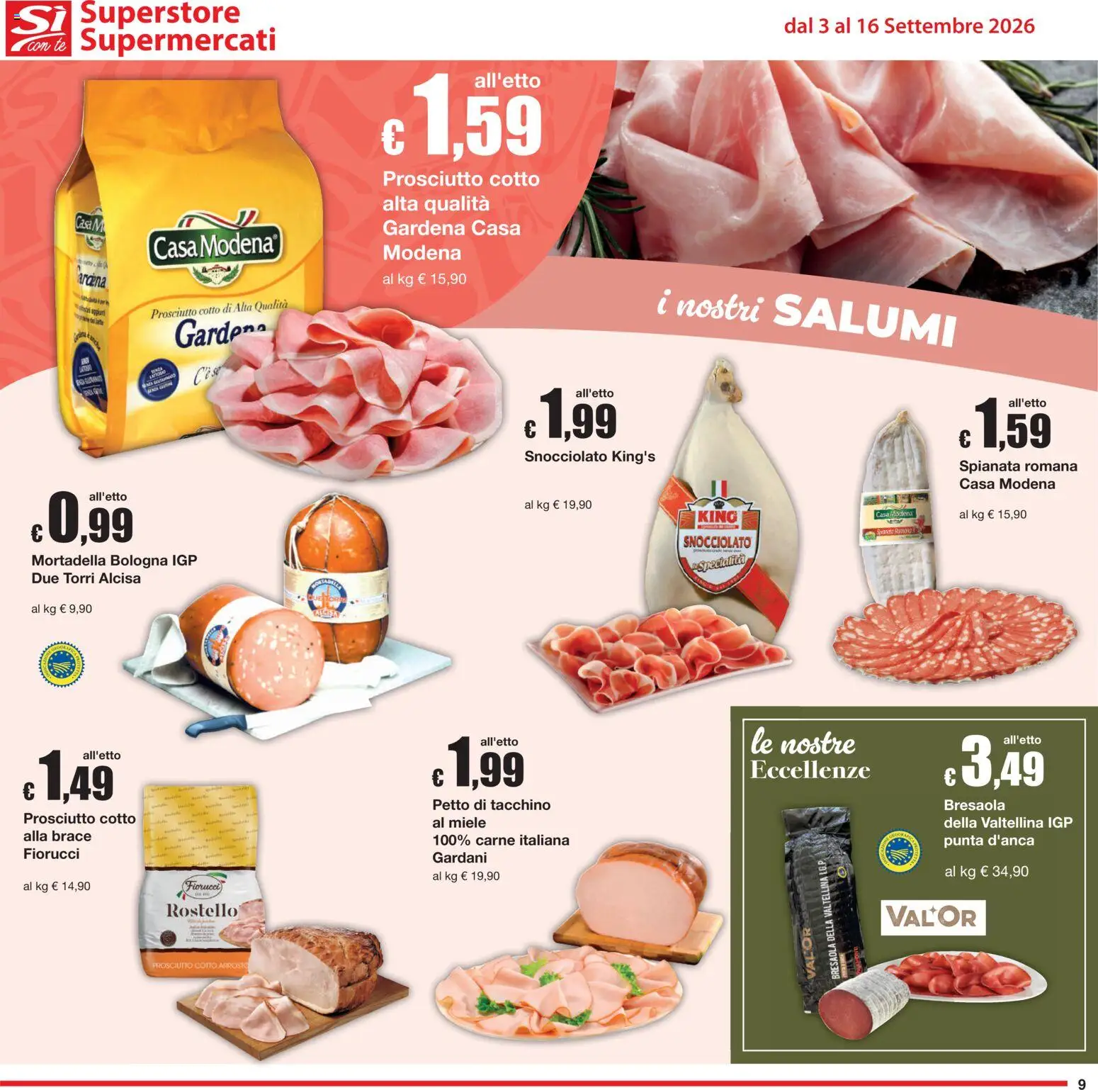 Volantino Sì con Te del 03/09/2026 | Pagina: 9 | Prodotti: Bresaola, Petto di tacchino, Miele, Specialità