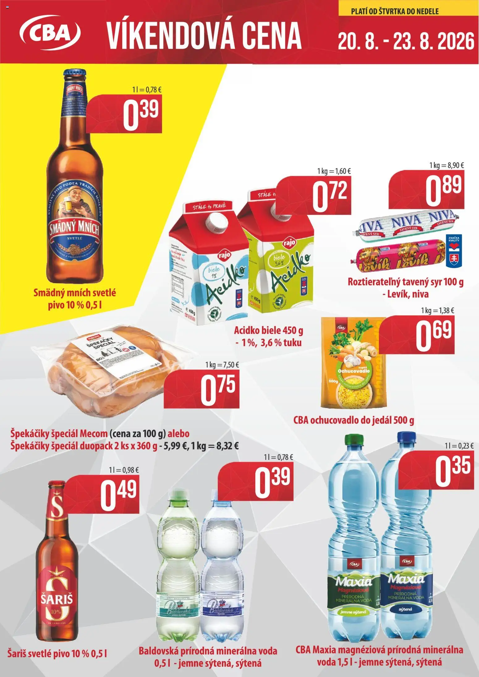 Nové CBA Verex akcie – leták je platný od 20.08.2026 | Strana: 1 | Produkty: Tavený syr, Šariš, Smädný Mních, Minerálna voda