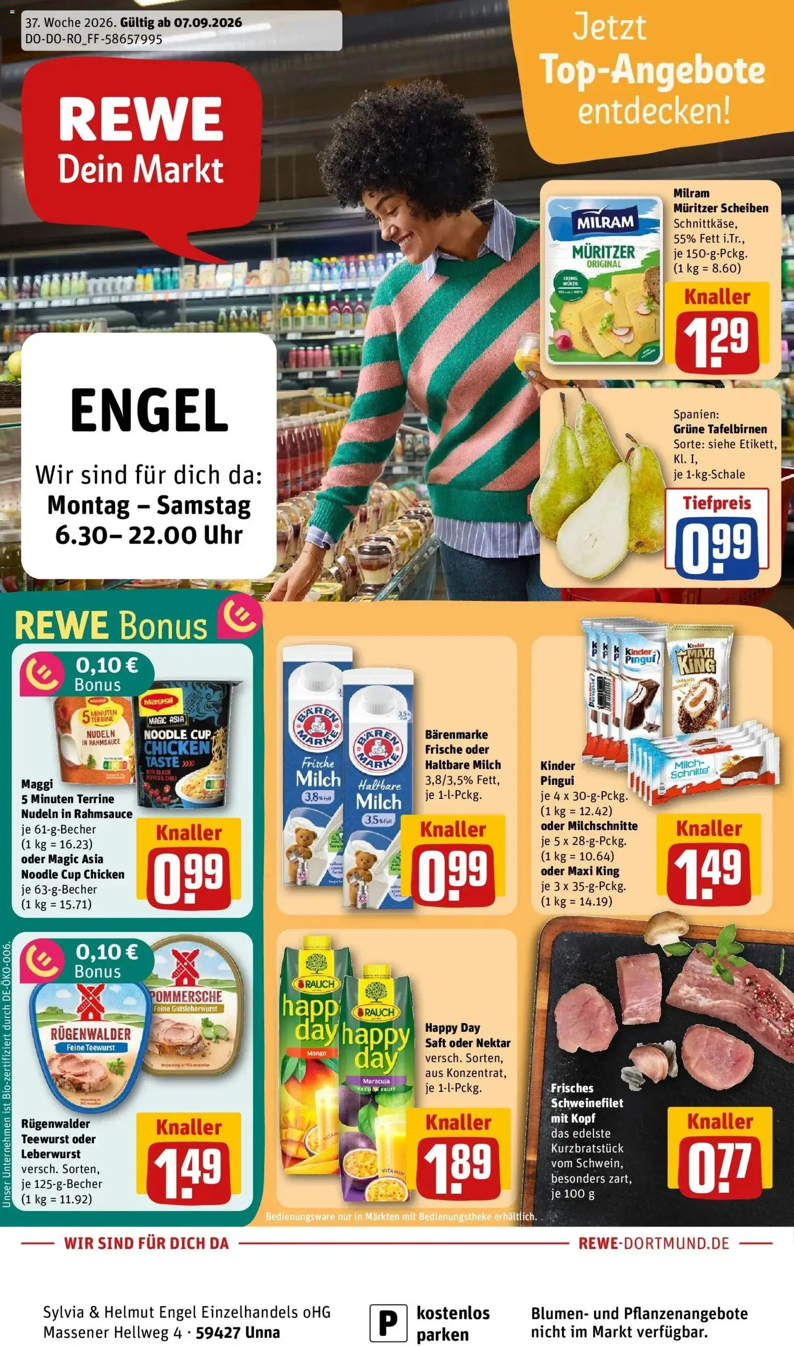 REWE Prospekt ab 07.09.2026 zum Blättern » Angebote | Seite: 1 | Produkte: Blumen, Schweinefilet, Milram, Saft