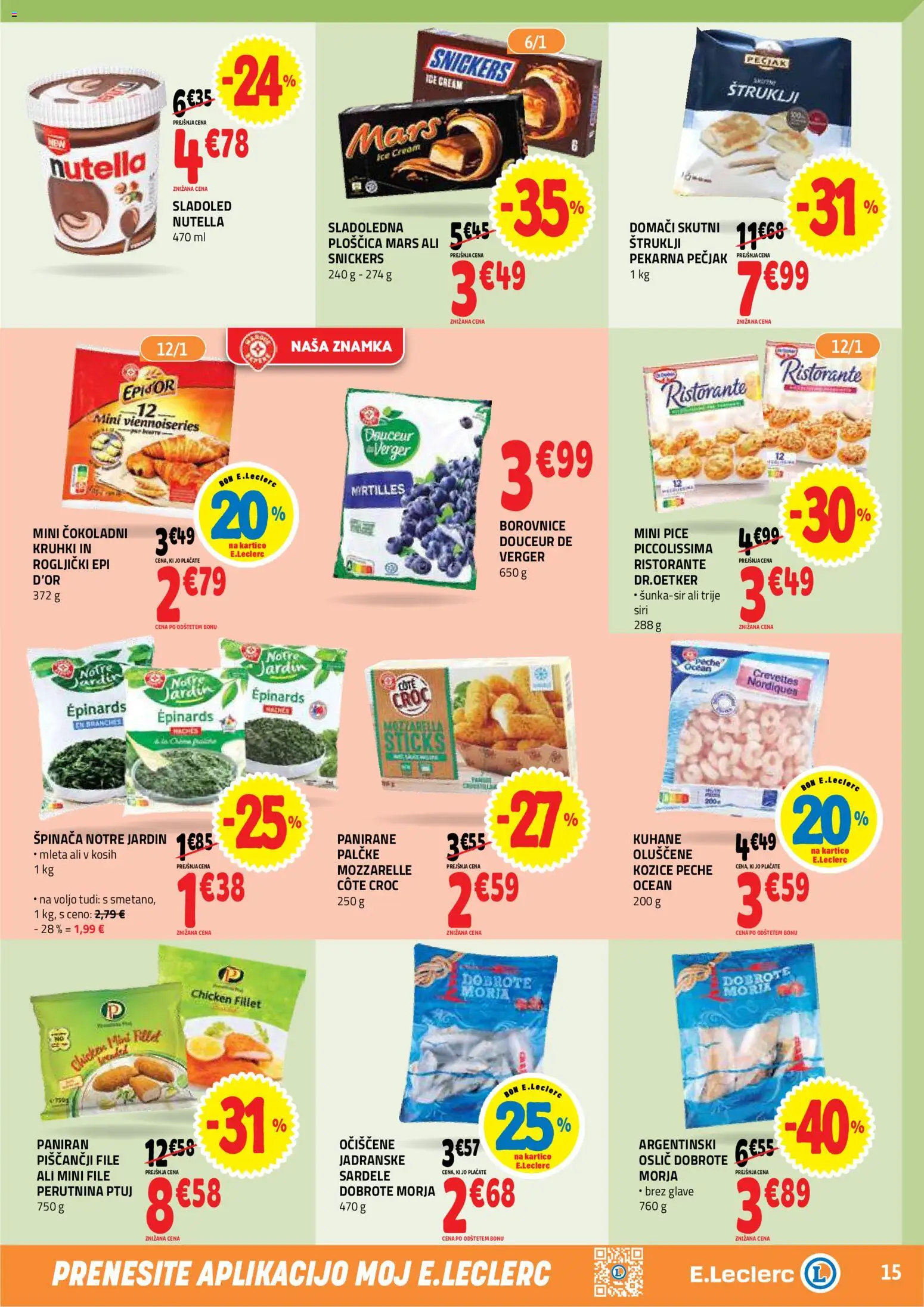 Novi E.leclerc katalog ponudbe – veljaven od 28.10.2026 | Stran: 15 | Izdelki: Oslič, Pekarna, Borovnice, Nutella