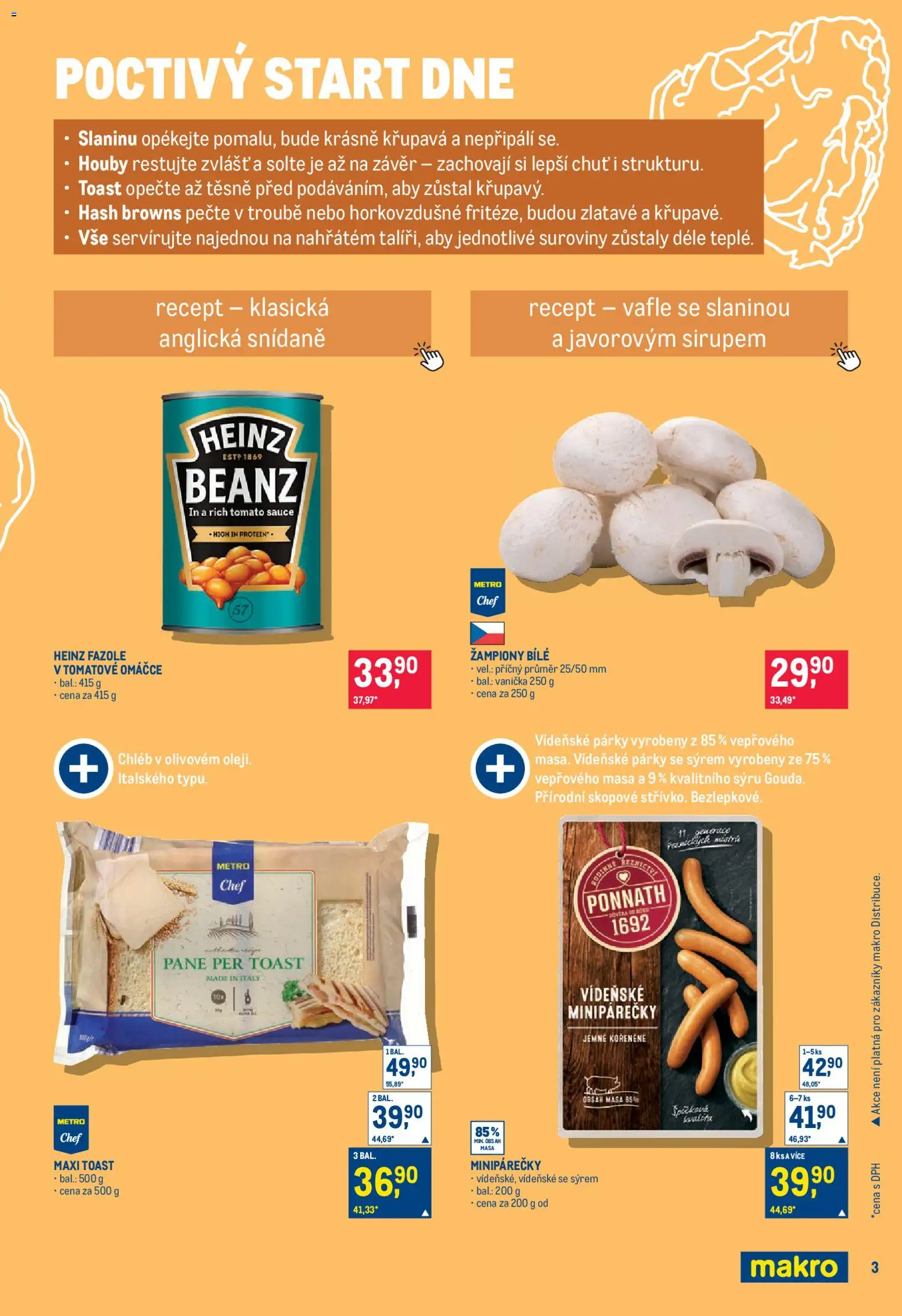 Makro leták - Pro milovníky jídla od 26.08.2026 | Strana: 3 | Produkty: Žampiony, Chléb, Vafle, Heinz fazole