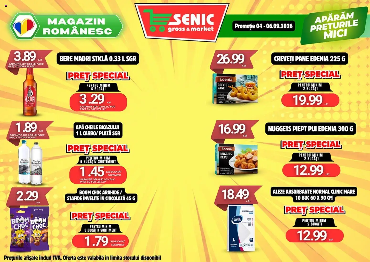 Noul catalog Senic – valabil de la 31.08.2026 | Pagină: 8 | Produse: Ciocolată, Absorbante, Stafide, Apă
