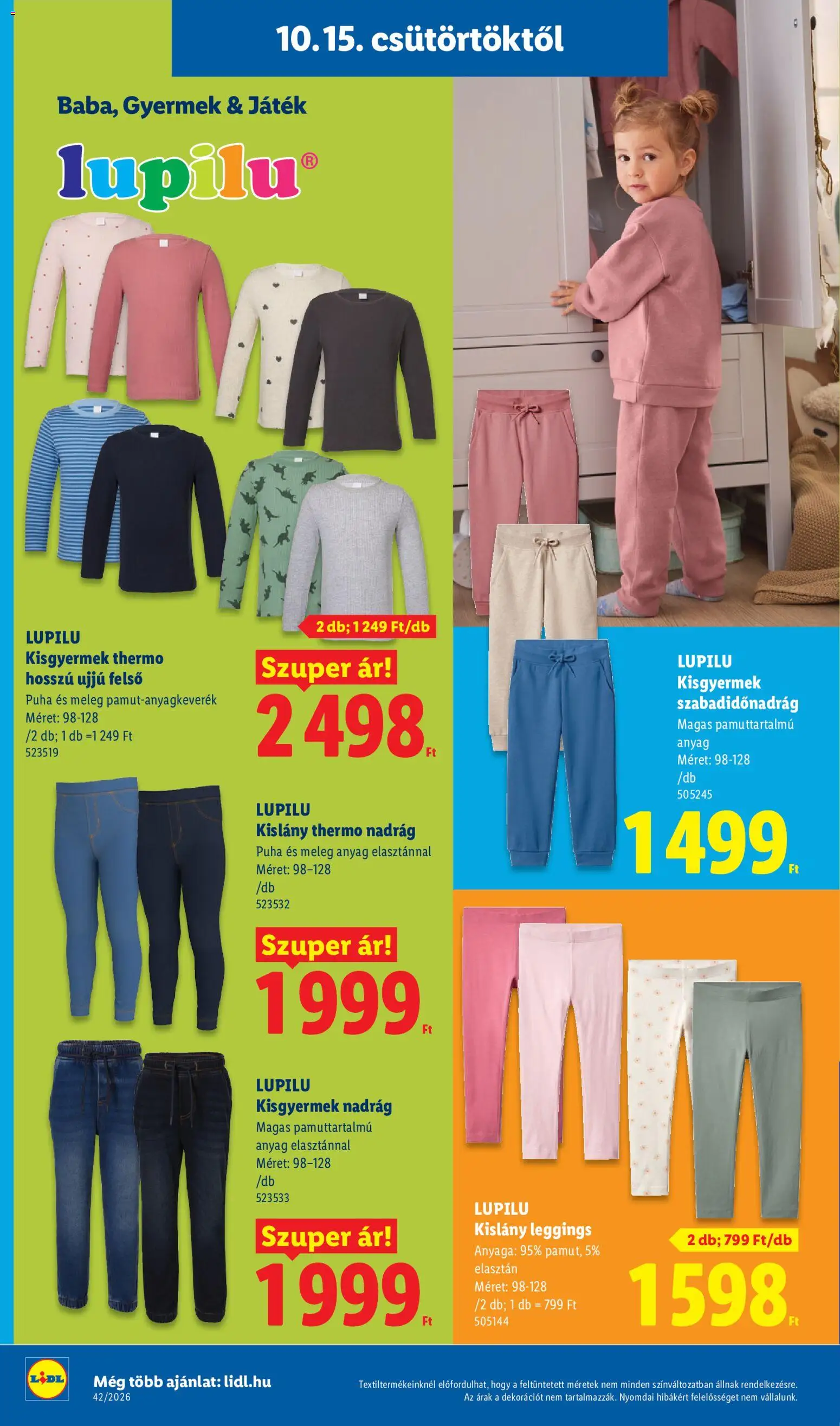 Lidl akciós ujság - amely érvényes a következő dátumtól: 2026.10.15. | Oldal: 10 | Termékek: Játék, Lupilu, Nadrág, Leggings