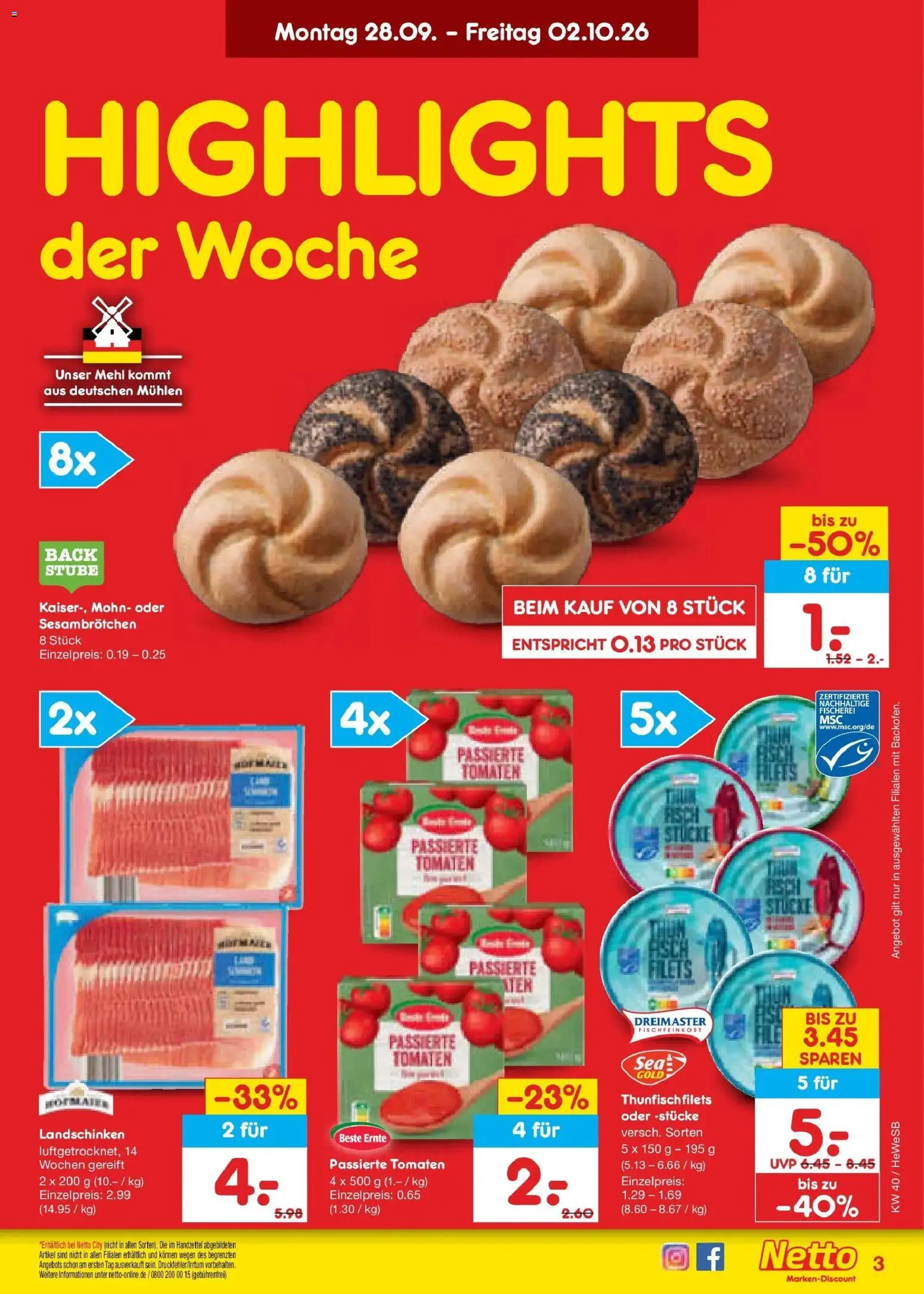 Netto Marken-Discount Prospekt Hamburg – gültig ab 28.09.2026 | Seite: 3 | Produkte: Mehl, Tomaten, Fisch