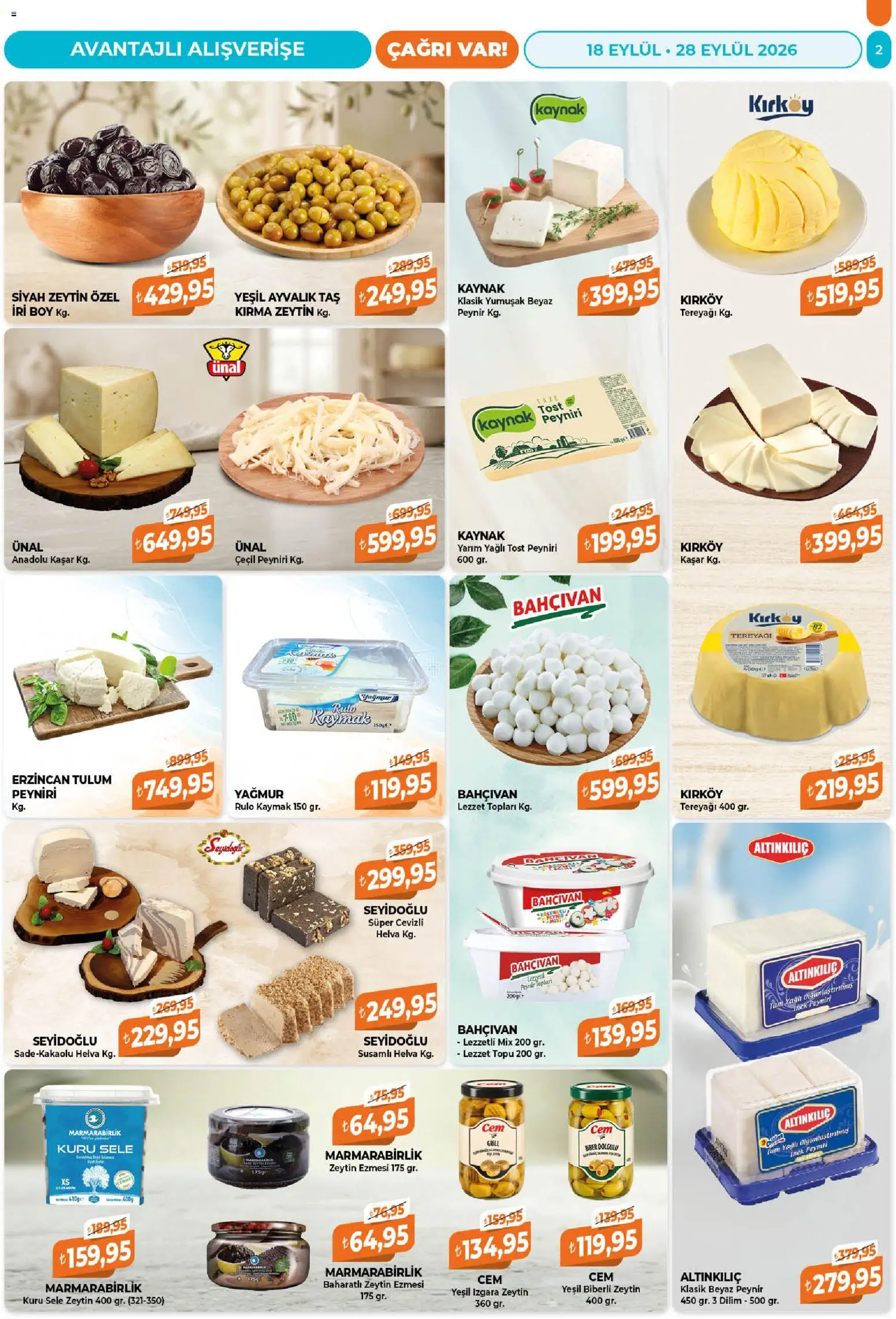 Çağrı Market Katalog - 18 Eylül 2026 tarihinden itibaren geçerlidir | Sayfa: 2 | Ürünler: Tereyağı, Peynir, Tulum, Zeytin