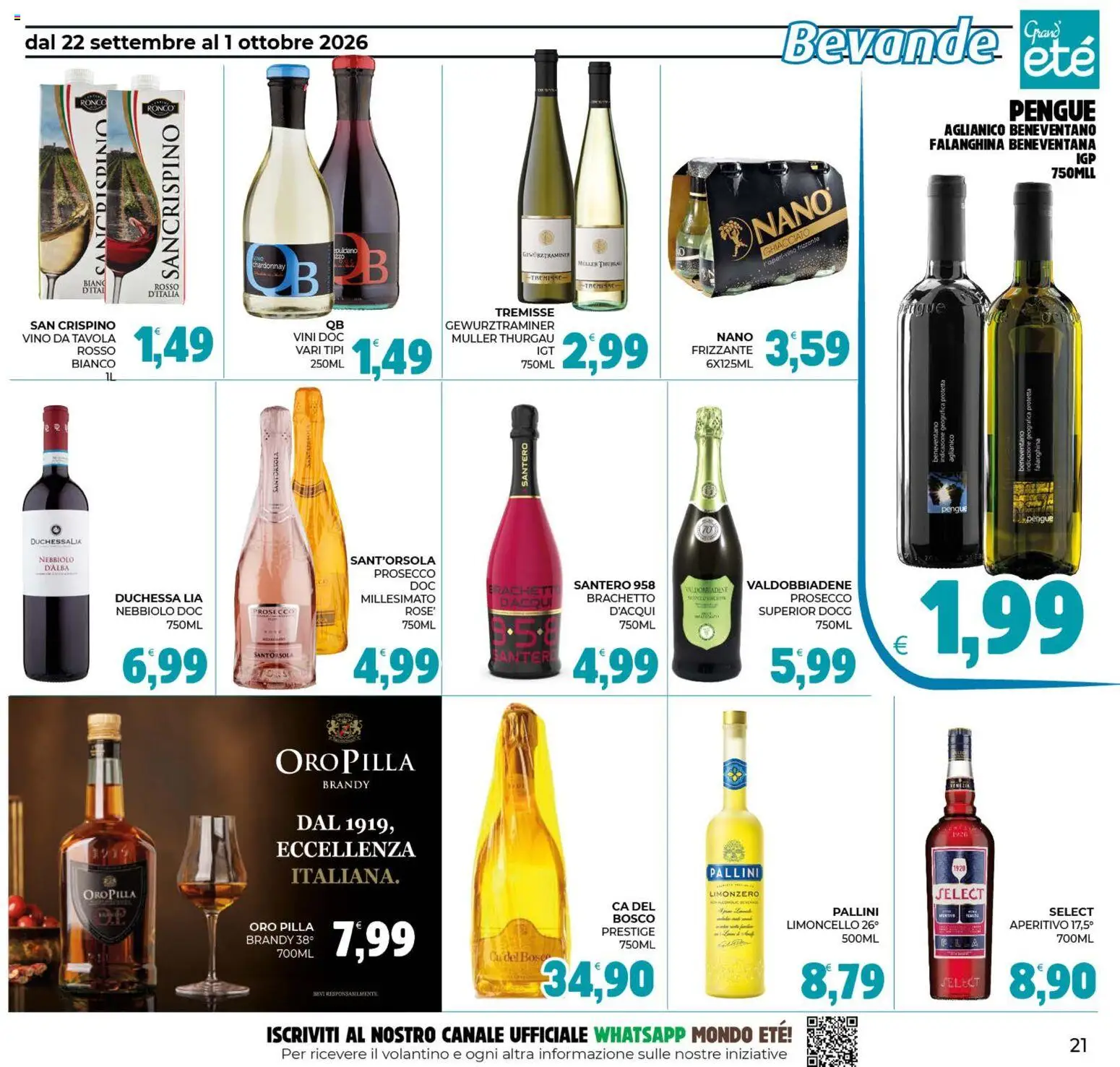 Volantino Eté del 22/09/2026 | Pagina: 21 | Prodotti: Prosecco, Bevande, Vino, Limoncello