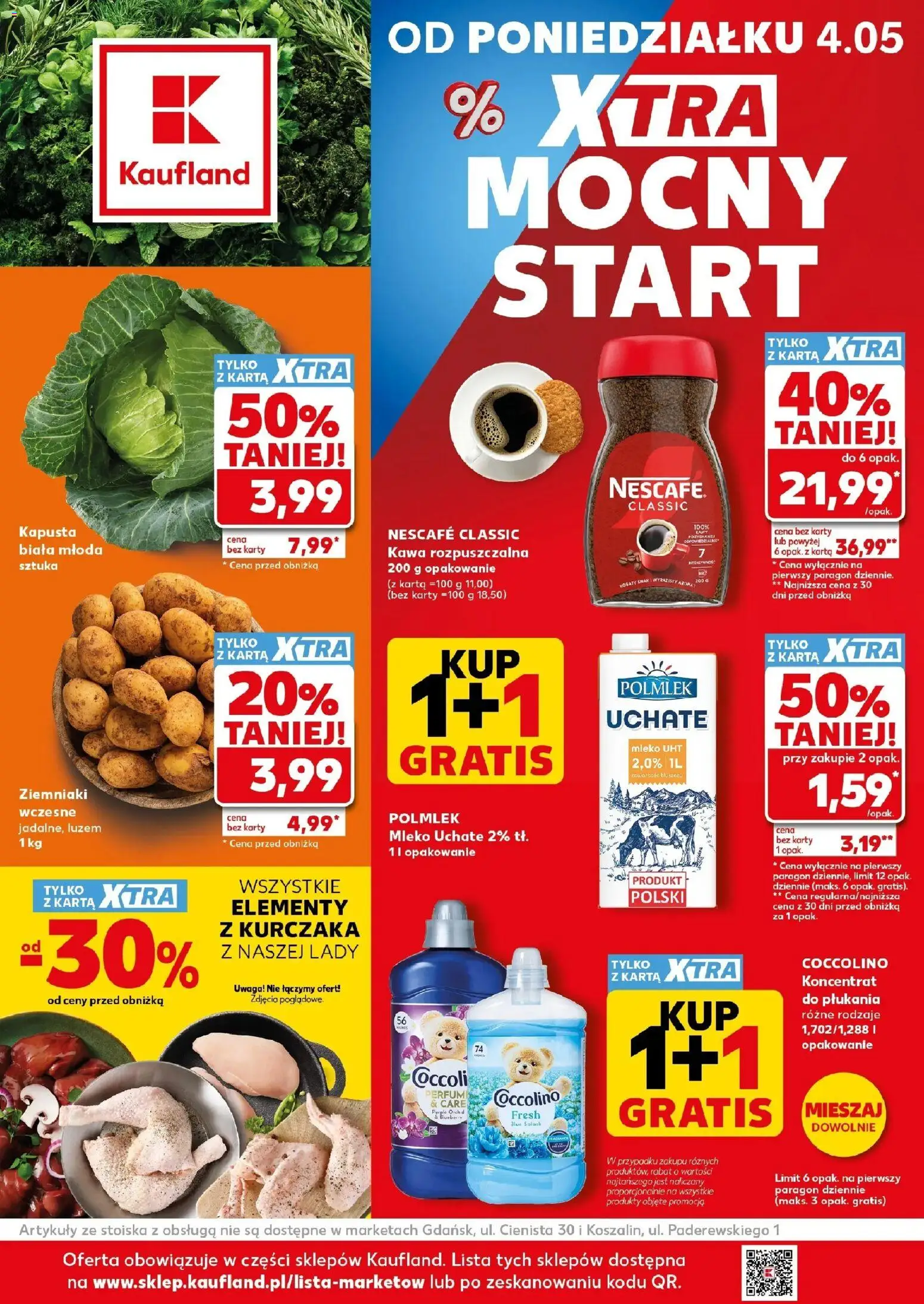 Kaufland gazetka - Mocny start od 04.05.2026 | Strona: 1 | Produkty: Kawa rozpuszczalna, Coccolino, Mleko, Ziemniaki